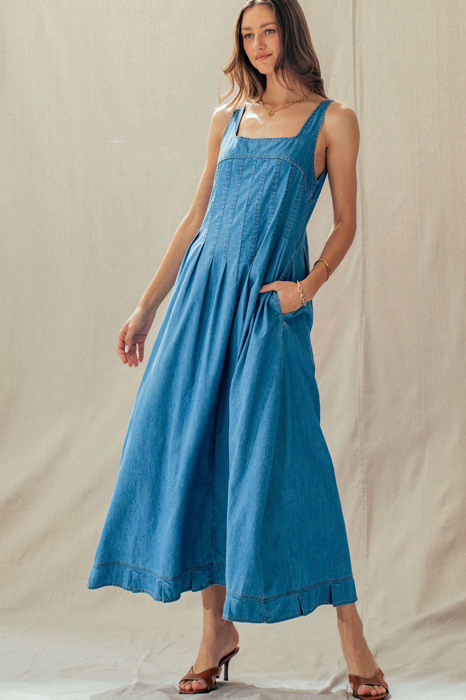Smocked Back Denim Maxi Dress