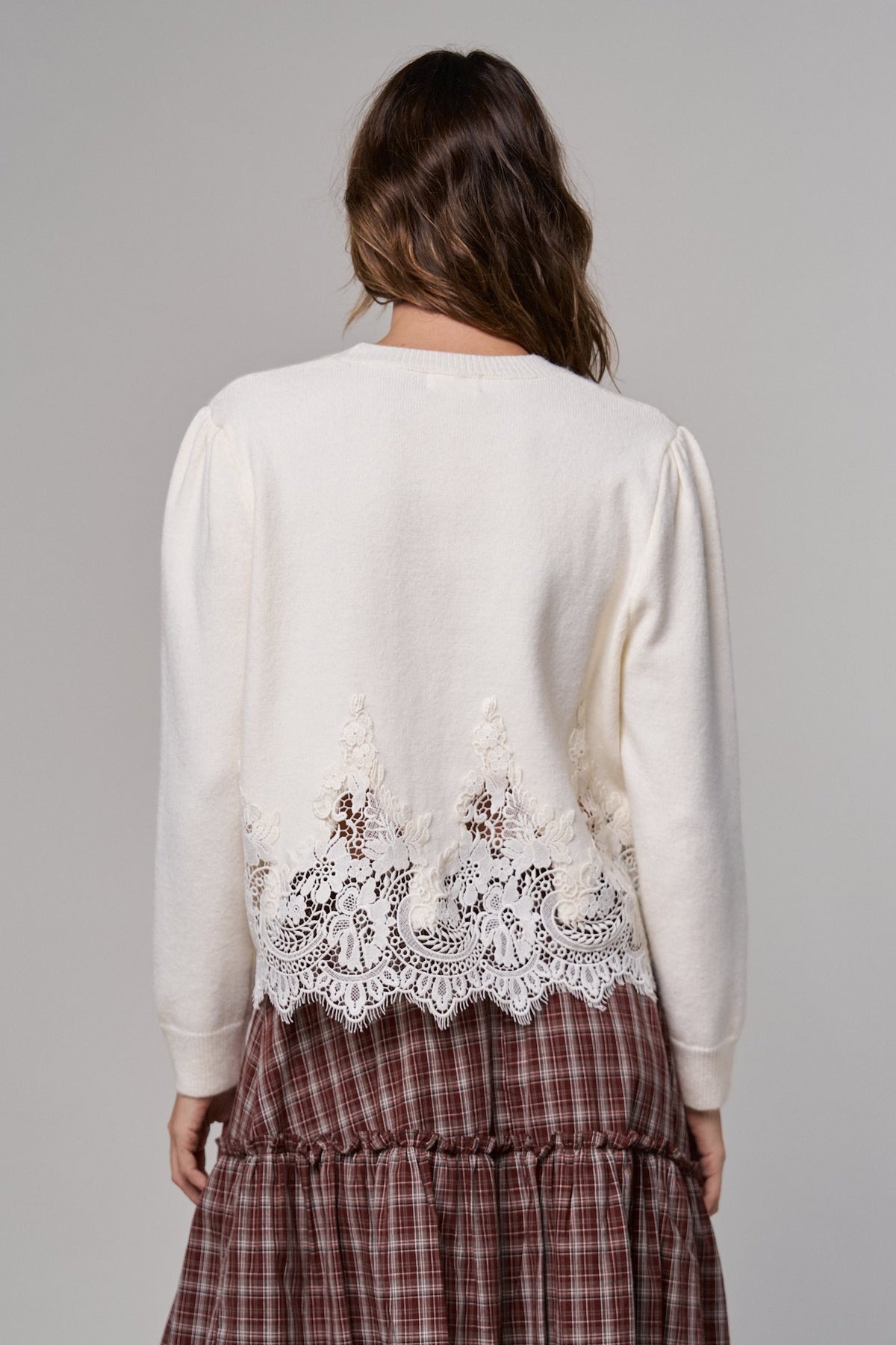 Lace Trim Knit Sweater with Floral Hem Detail in IVORY - Women's Sweaters | Urban Daizy