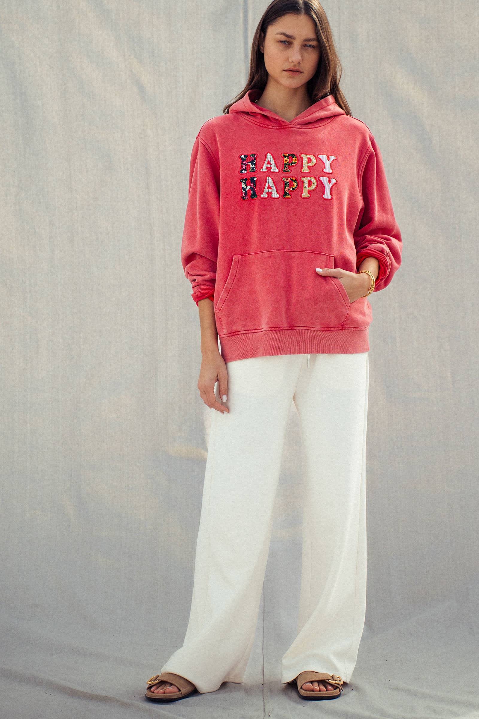 Urban Daizy "HAPPY HAPPY" Vintage Washed Hoodie Red Hoodie - Women's (UDZ-KN-00891) – alternate view 9