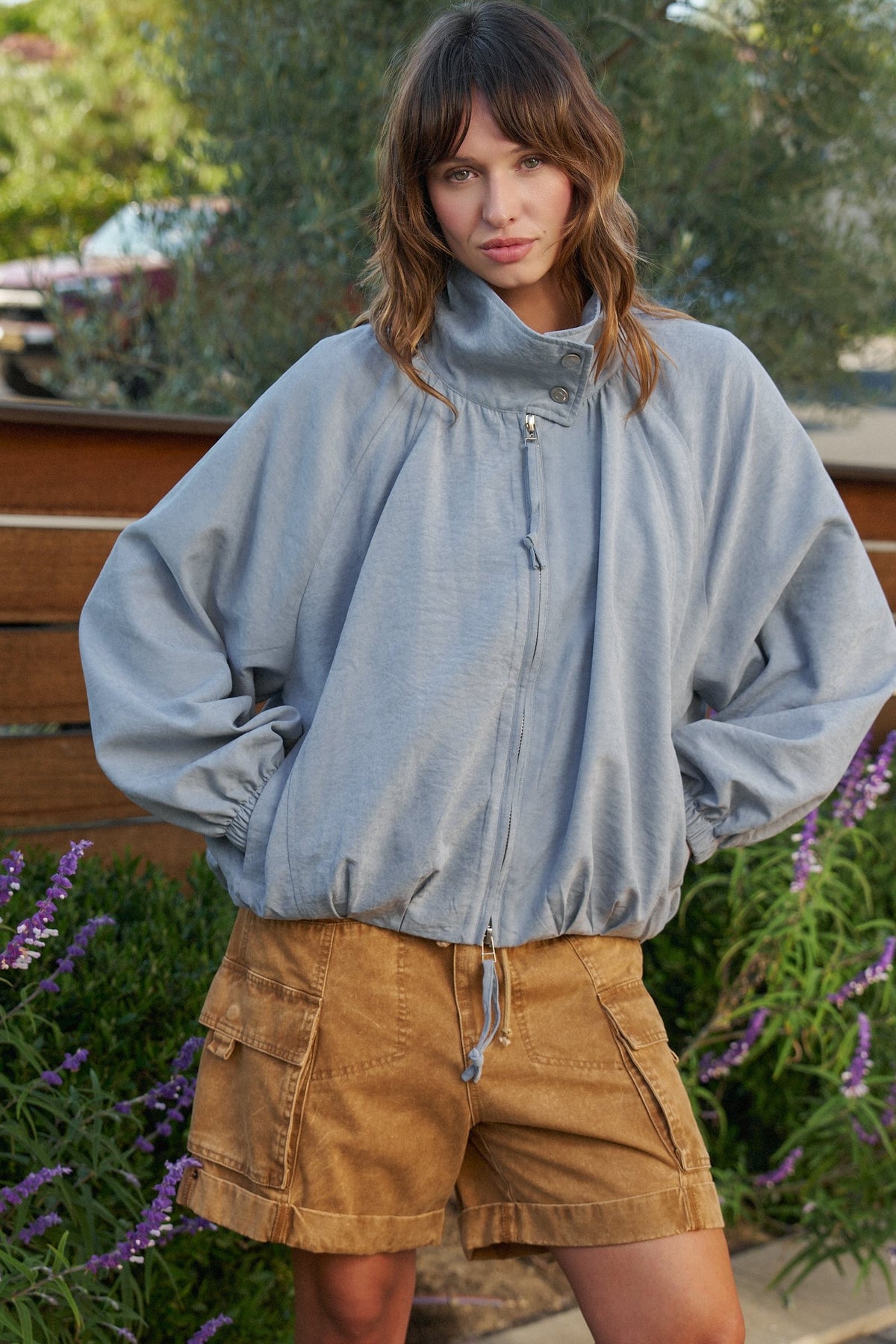 Weekend Drift Balloon Bomber Jacket in BLUE - Women's Jackets & Blazers | Urban Daizy
