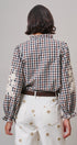 Floral Embroidered Gingham Blouse in Romantic Prairie Style in BROWN NAVY - Women's Graphic T-shirts | Urban Daizy