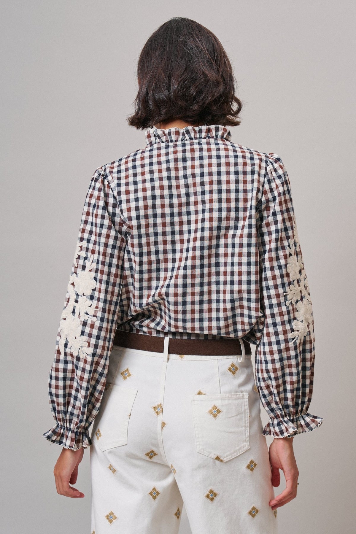 Floral Embroidered Gingham Blouse in Romantic Prairie Style in BROWN NAVY - Women's Graphic T-shirts | Urban Daizy