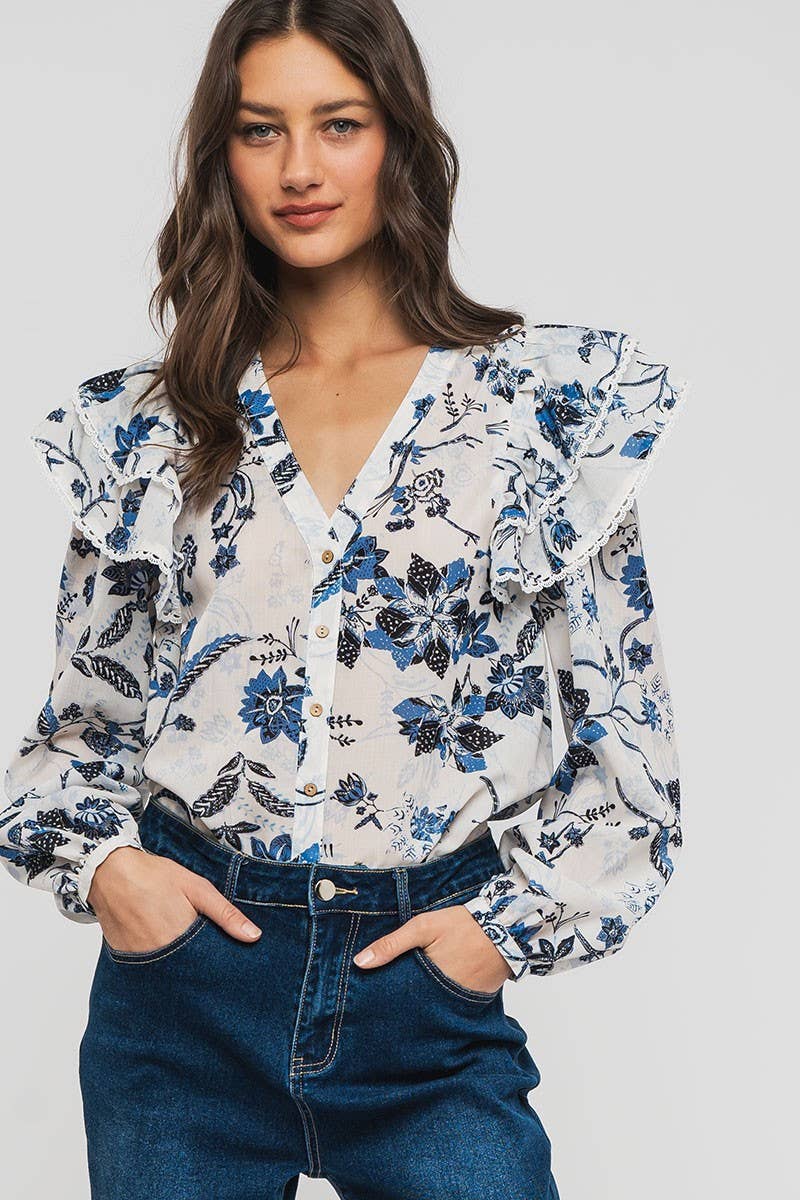 Urban Daizy Ruffled Shoulder V Neck Button Down Blouse White Black Blouse - Women's (UDZ-TP-00746) – alternate view 24