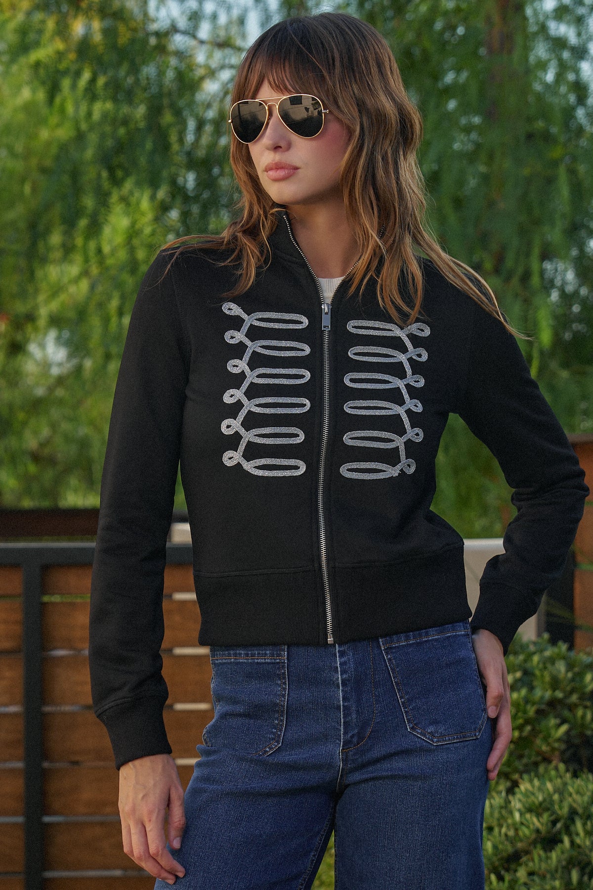Napoleon Glitter Trim Mock Neck Zip Up Jacket