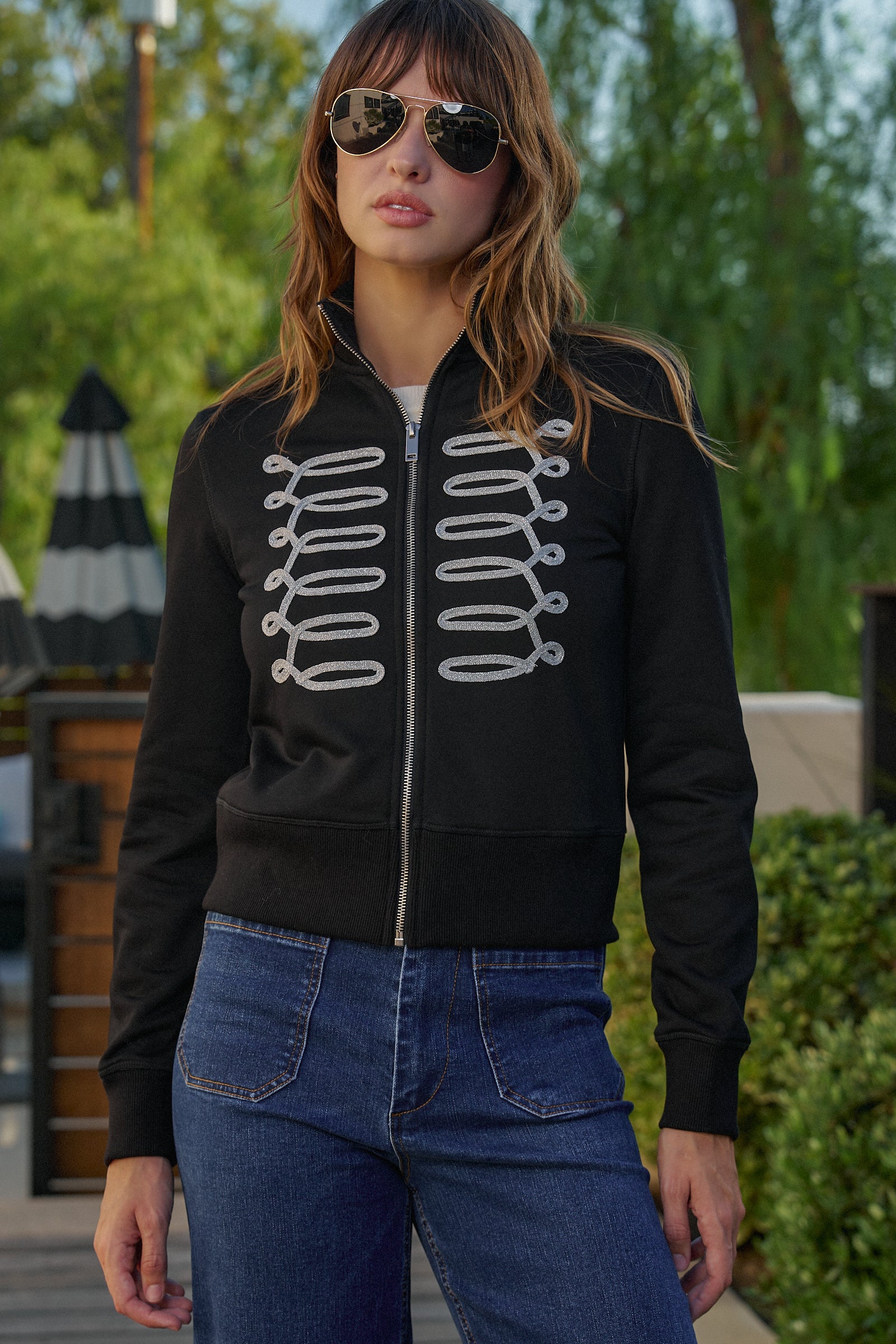 Napoleon Glitter Trim Mock Neck Zip Up Jacket