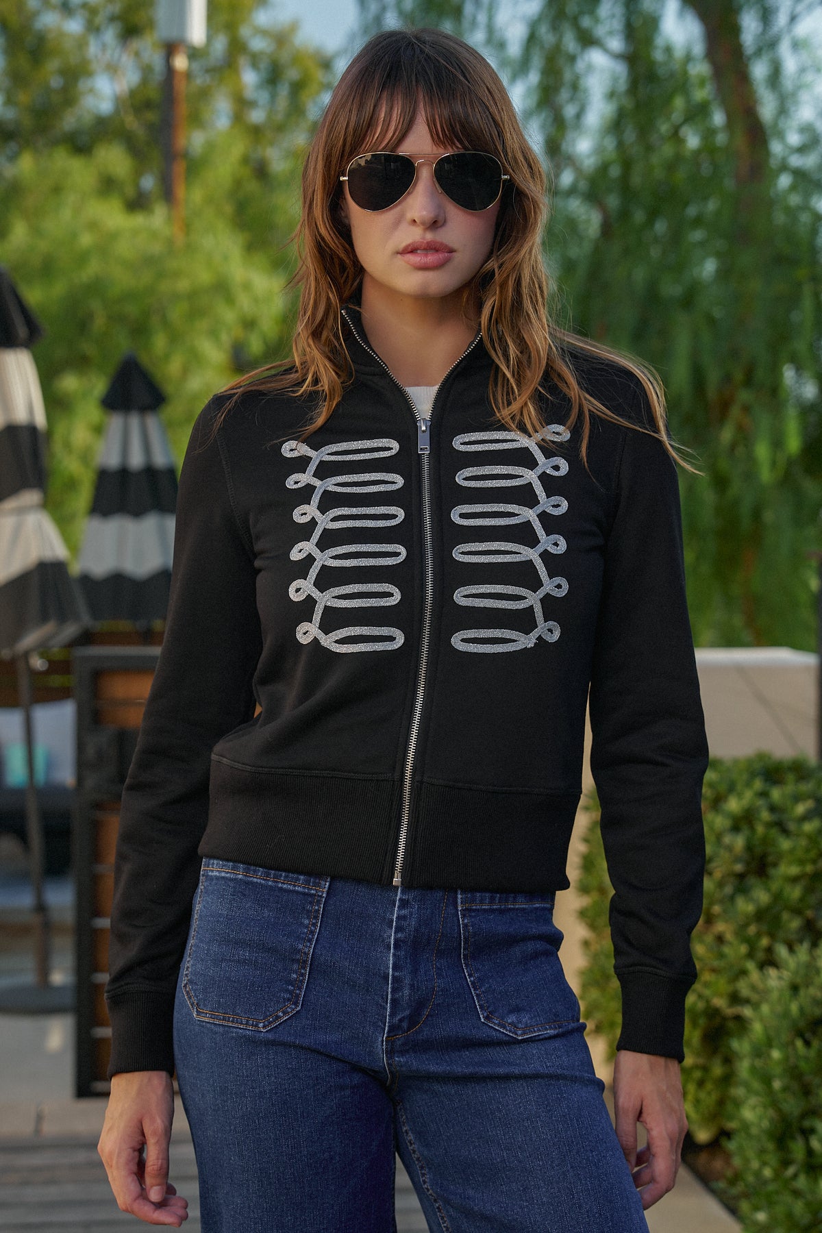 Napoleon Glitter Trim Mock Neck Zip Up Jacket