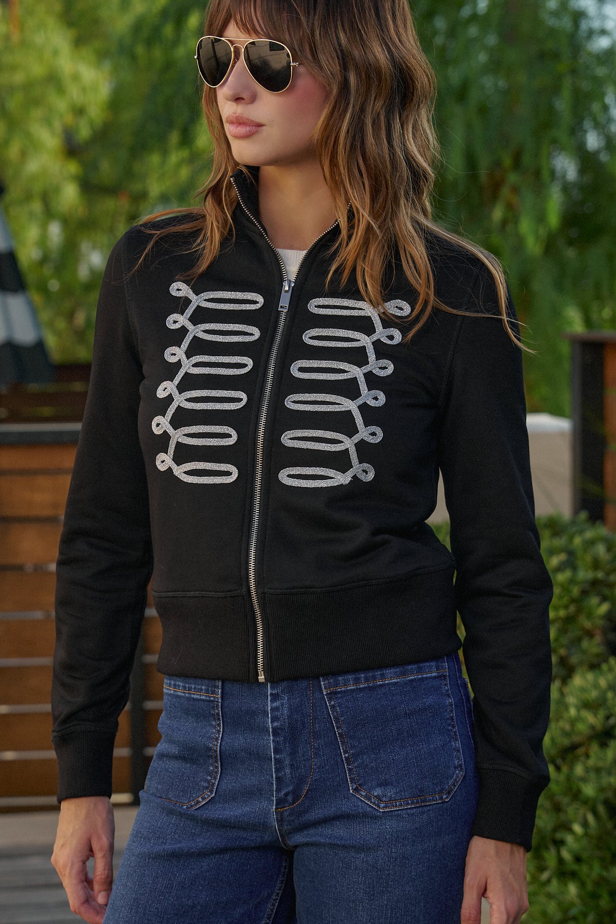 Napoleon Glitter Trim Mock Neck Zip Up Jacket