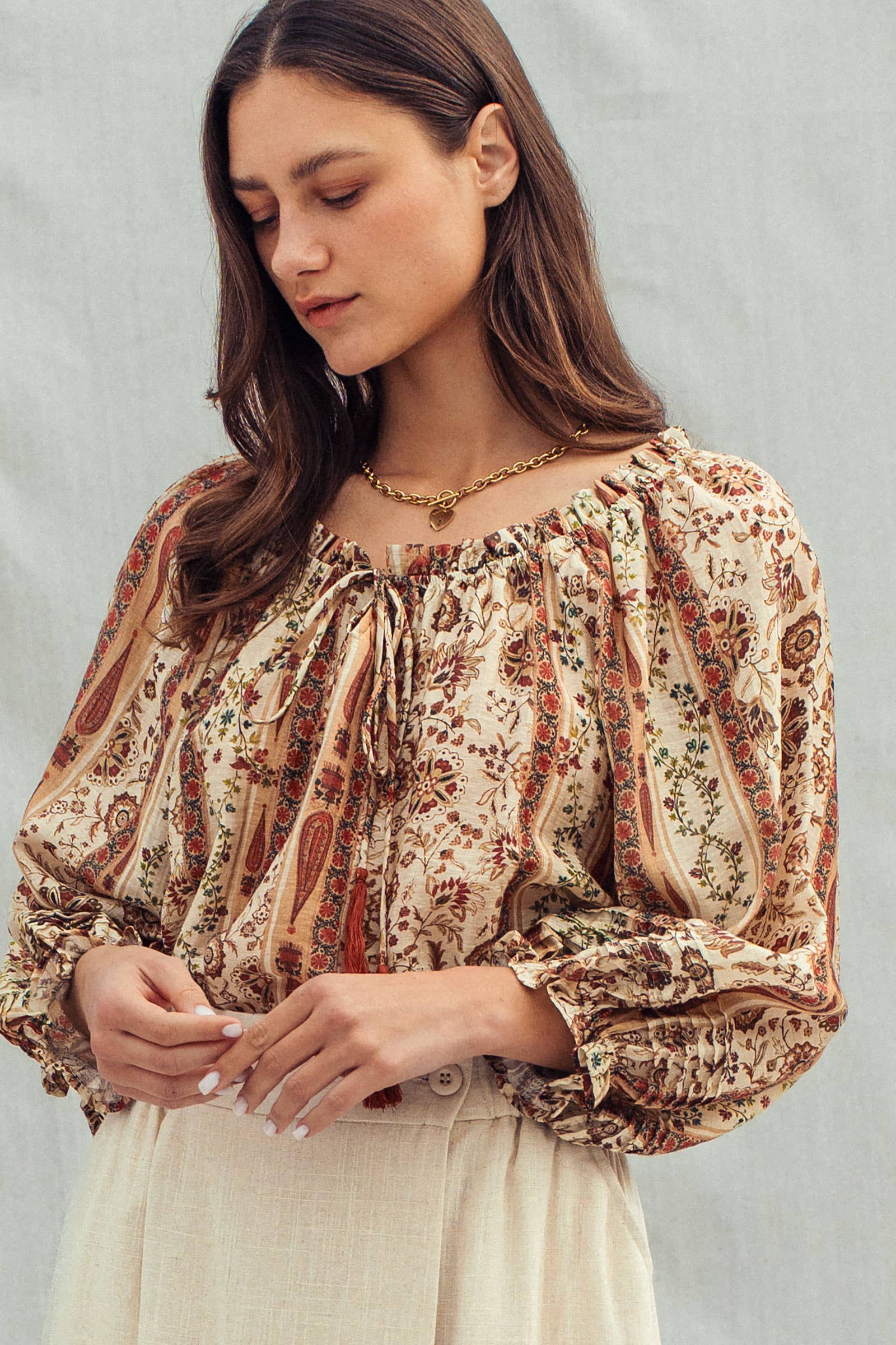 Urban Daizy Boho Off-Shoulder Floral Stripe Blouse Brown-Multi Blouse - Women's (UDZ-TP-01030) – alternate view 6