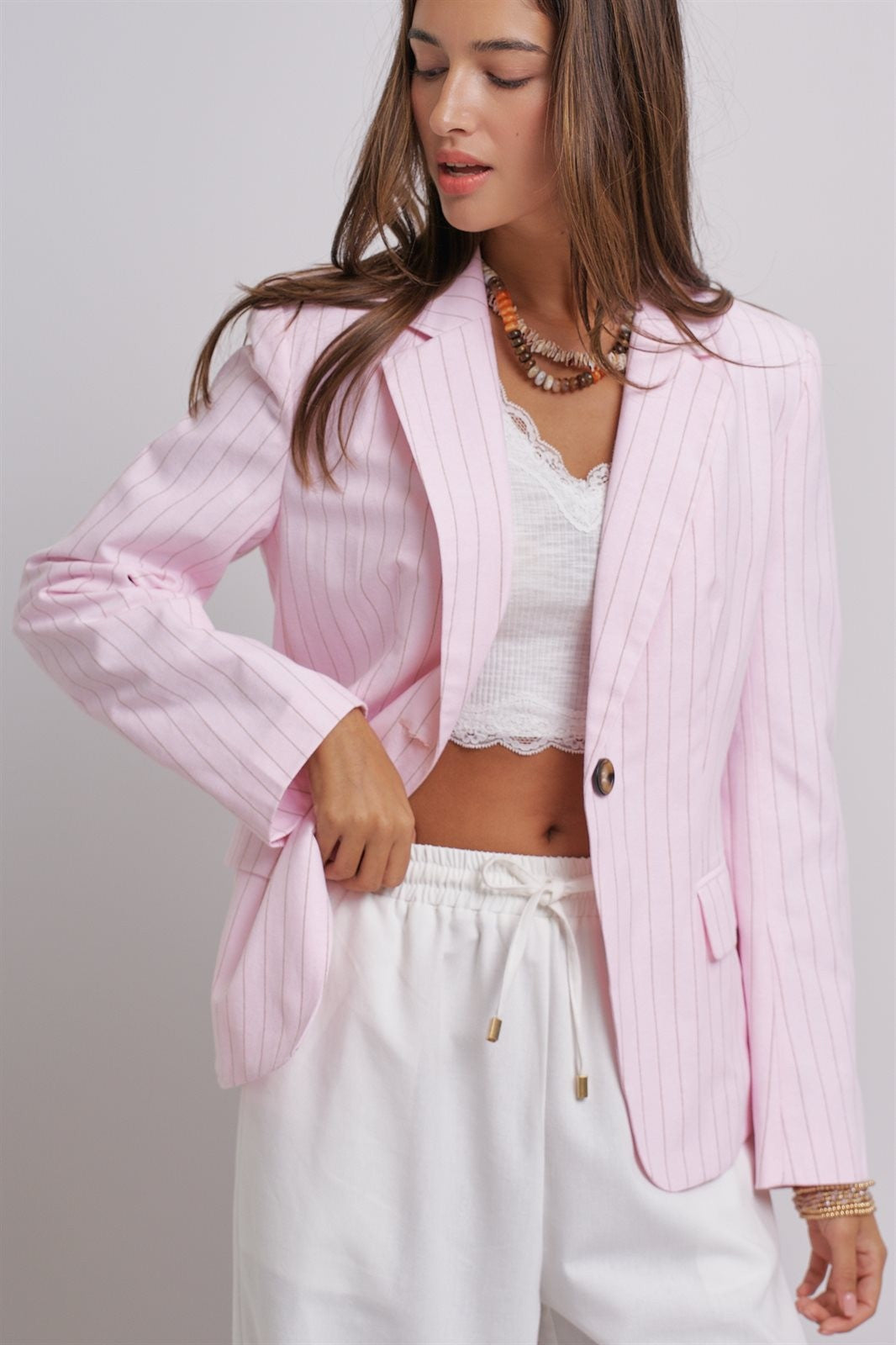 Pinstripe Single-Button Notch Lapel Blazer in LT PINK - Women's Fashion | Urban Daizy