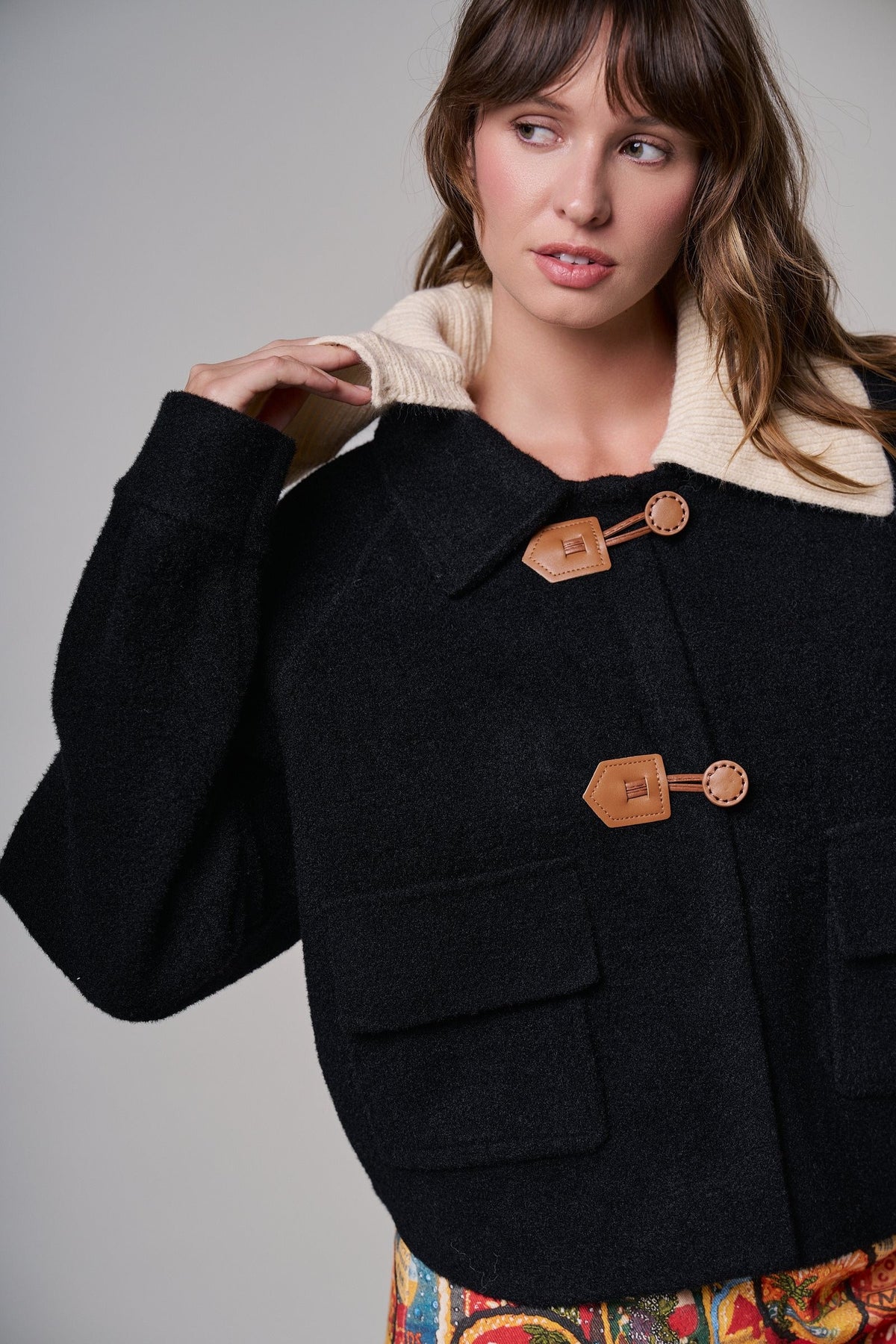 Toggle Front Sweater Jacket with Contrast Collar in BLACK - Women's Jackets & Blazers | Urban Daizy