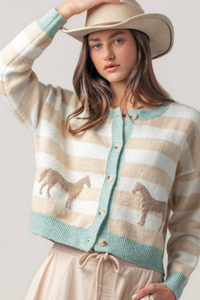 Horse Jacquard Striped Crew Neck Cardigan