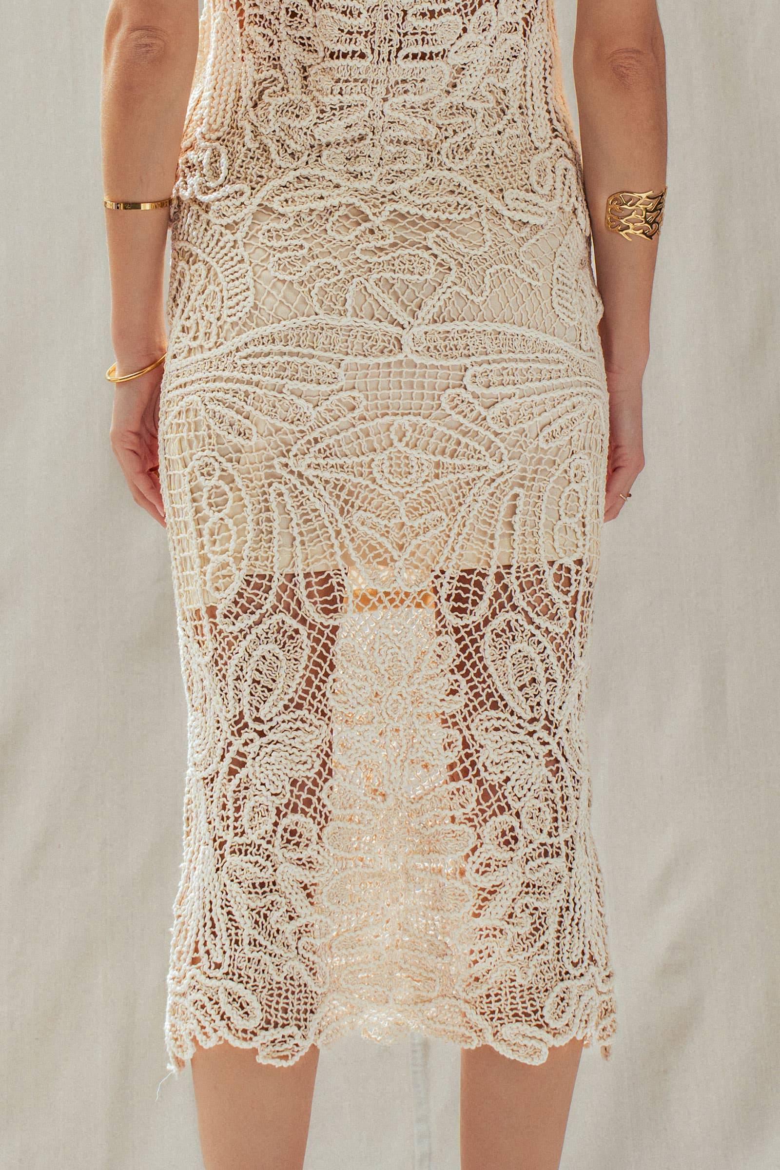 Open-Work Crochet Midi Skirt With Partial Lining