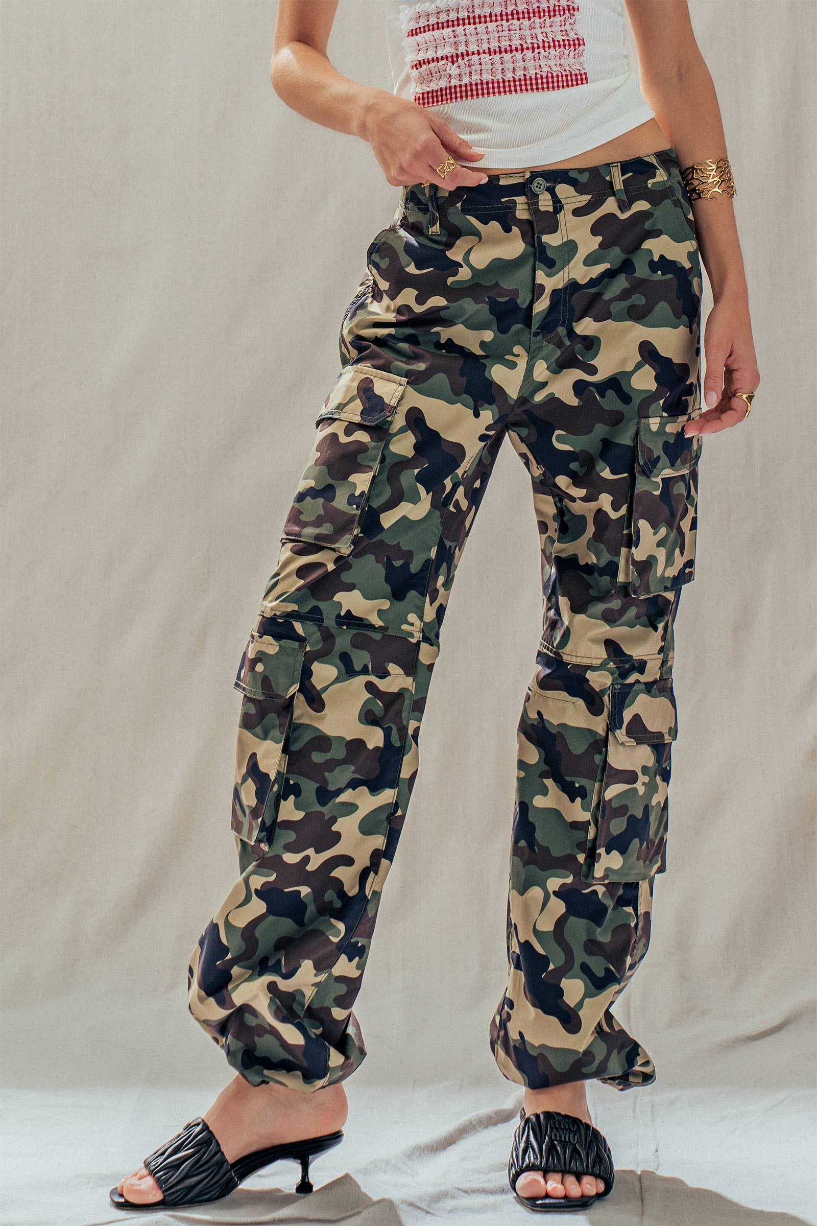Camo Print Utility Cargo Pants with Drawstring Hem