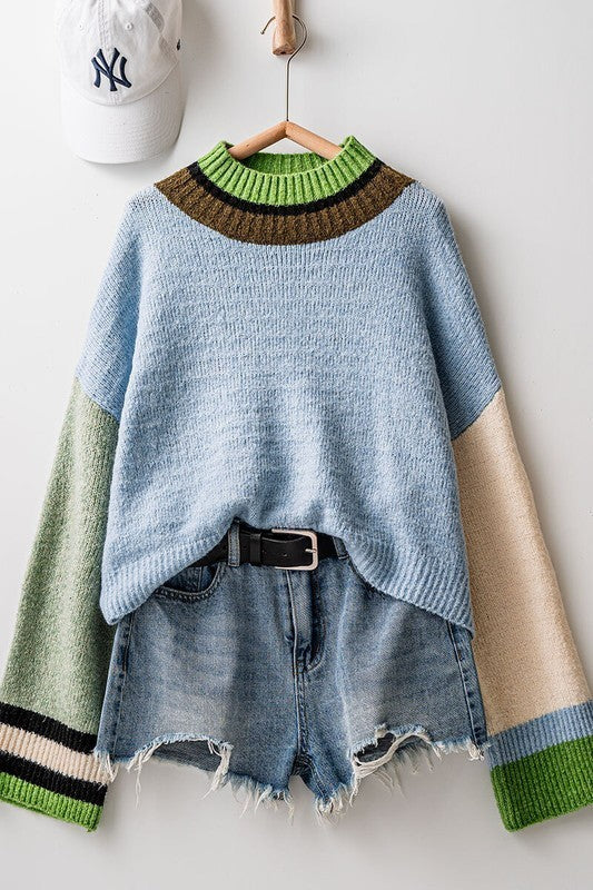 Paneled Hues Knit Sweater in BLUE SAGE - Women's Sweaters | Urban Daizy