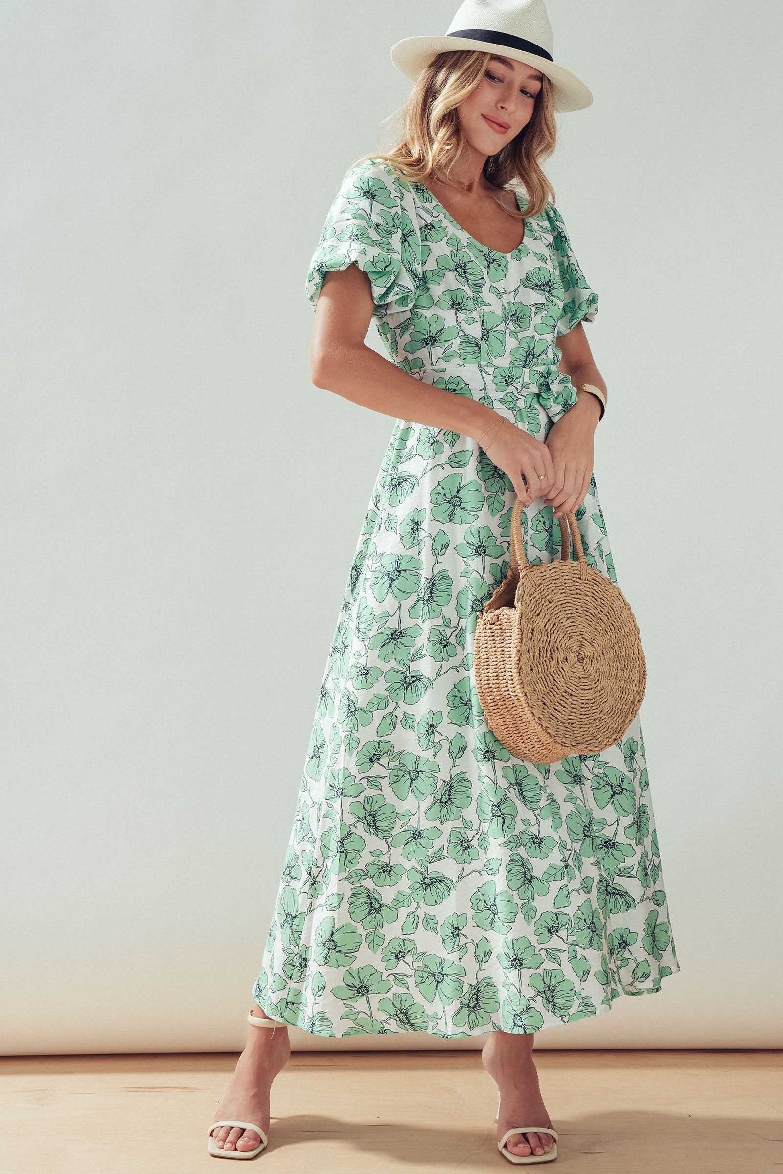 Green Floral Puff Sleeve Midi Dress