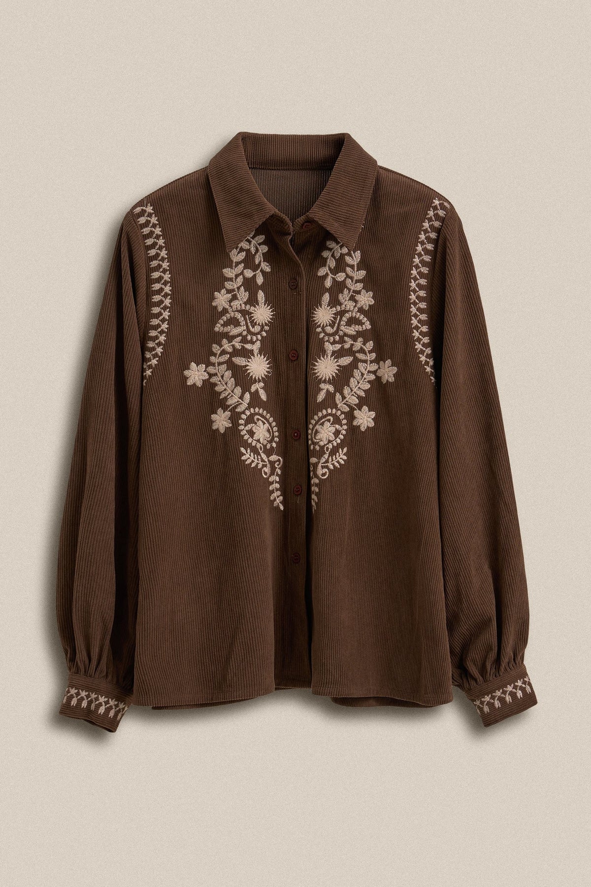 Embroidered Corduroy Western Shirt with Floral Stitch in BROWN - Women's Shirts & Blouses | Urban Daizy