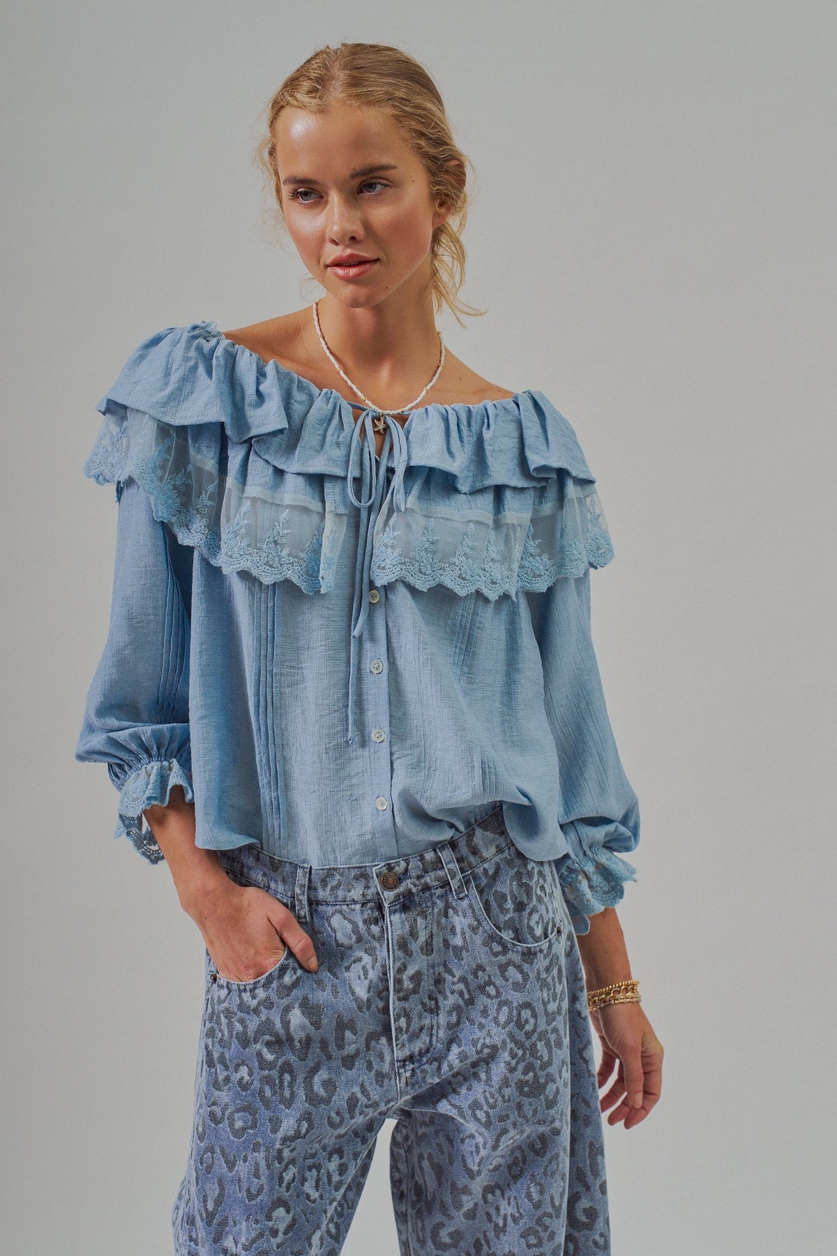 Lace Trim Ruffle Tie Neck Spring Blouse Top