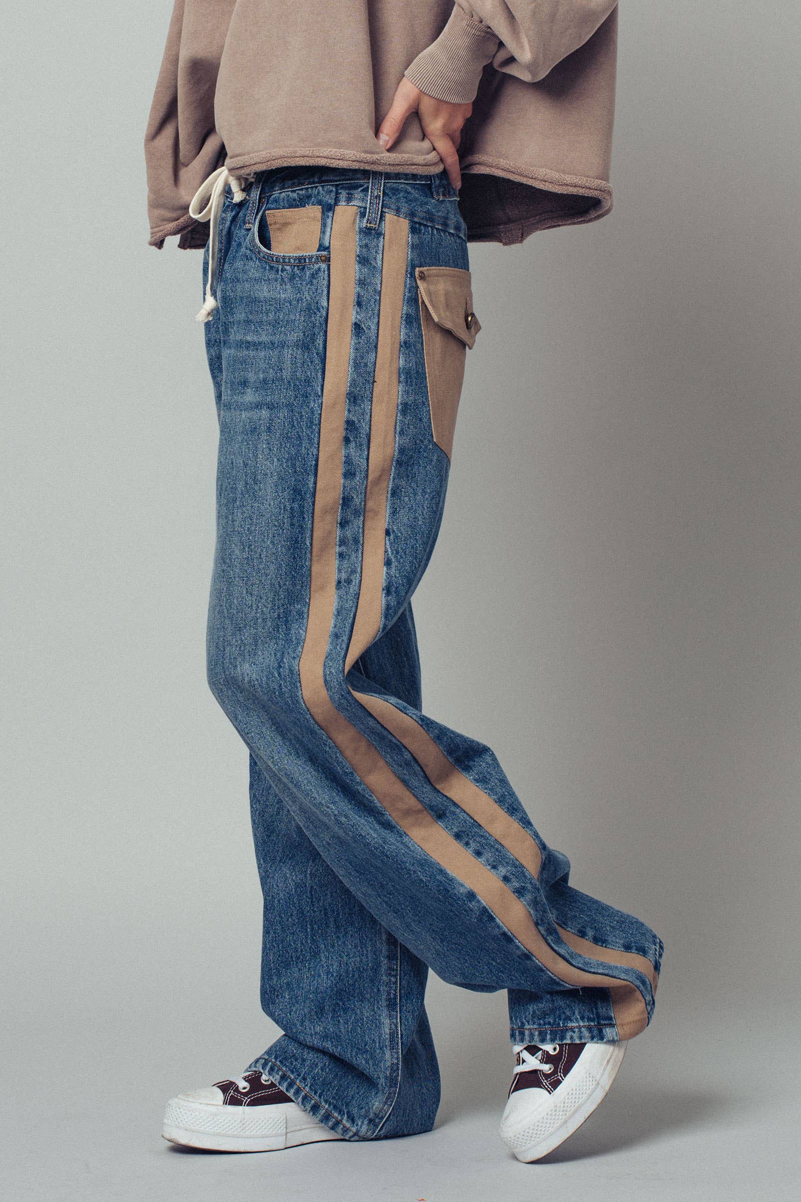 Wide-Leg Utility Stripe Denim Jeans