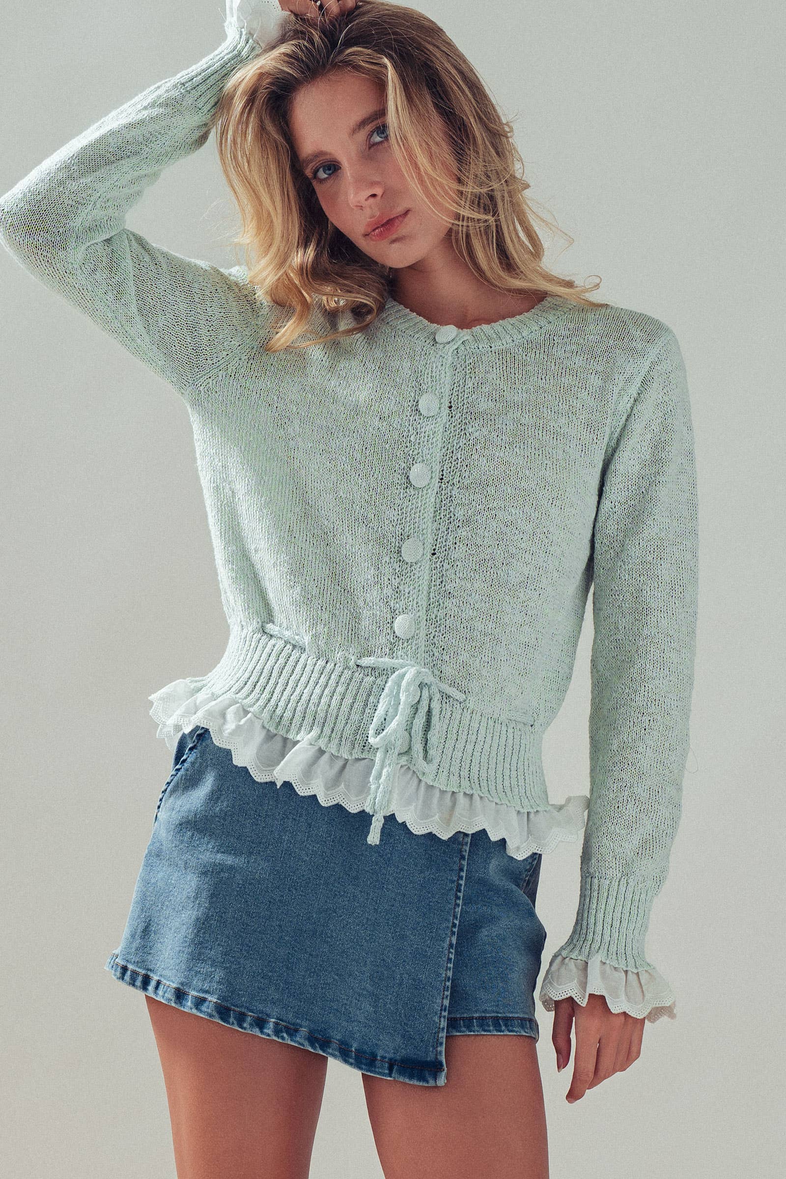 Eyelet Trim Peplum Drawstring Cardigan