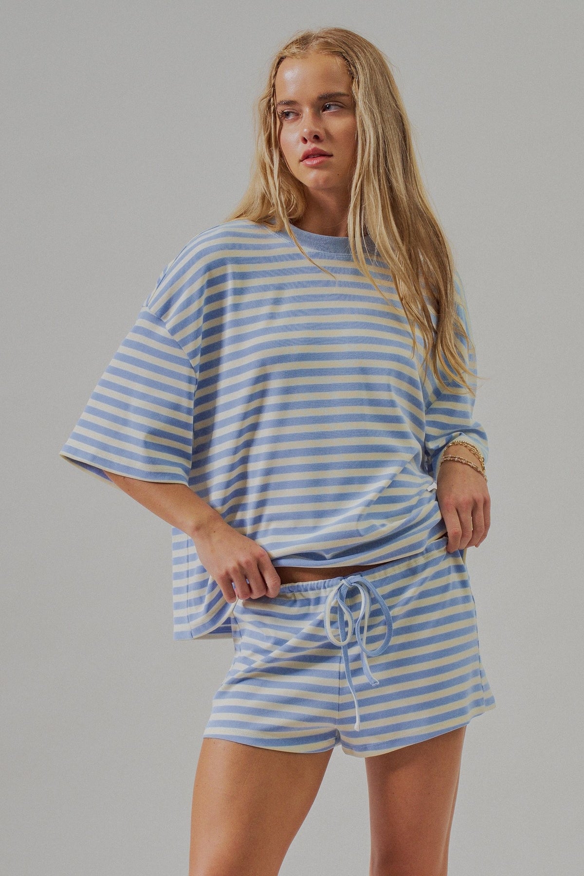 Oversized Striped Contrast Neck Boxy Tee