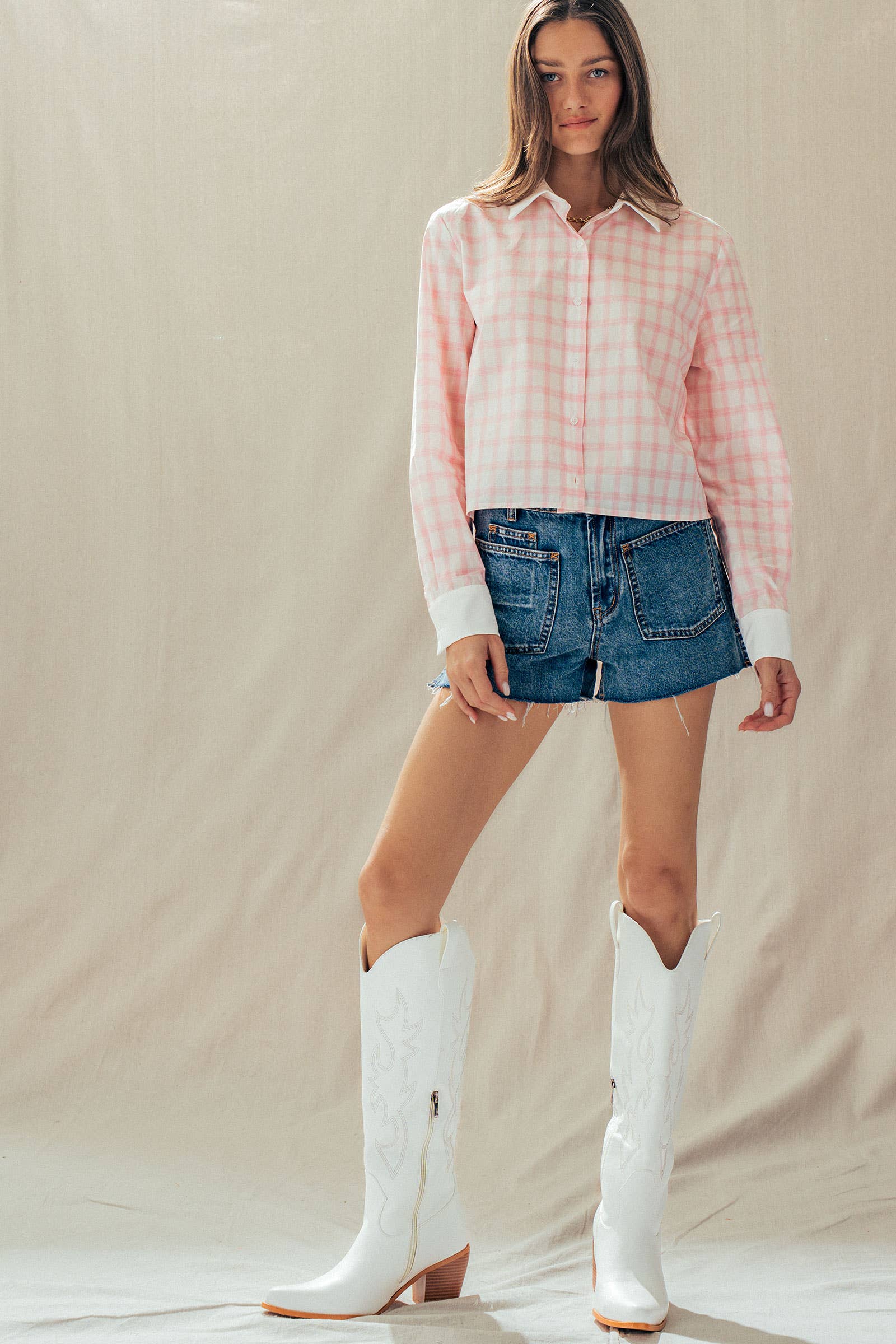 Contrast Collar Plaid Button Front Shirt