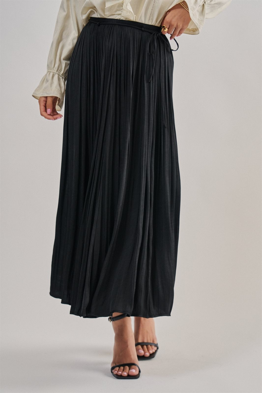 Washed Satin Crinkle Pleated Maxi Skirt in BLACK - Women's Maxi Skirts | Urban Daizy