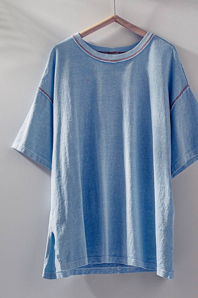 Urban Daizy Contrast Stitch Mineral Wash Spring Oversized Tee Blue T-Shirt - Women's (UDZ-TP-00755) – alternate view 4