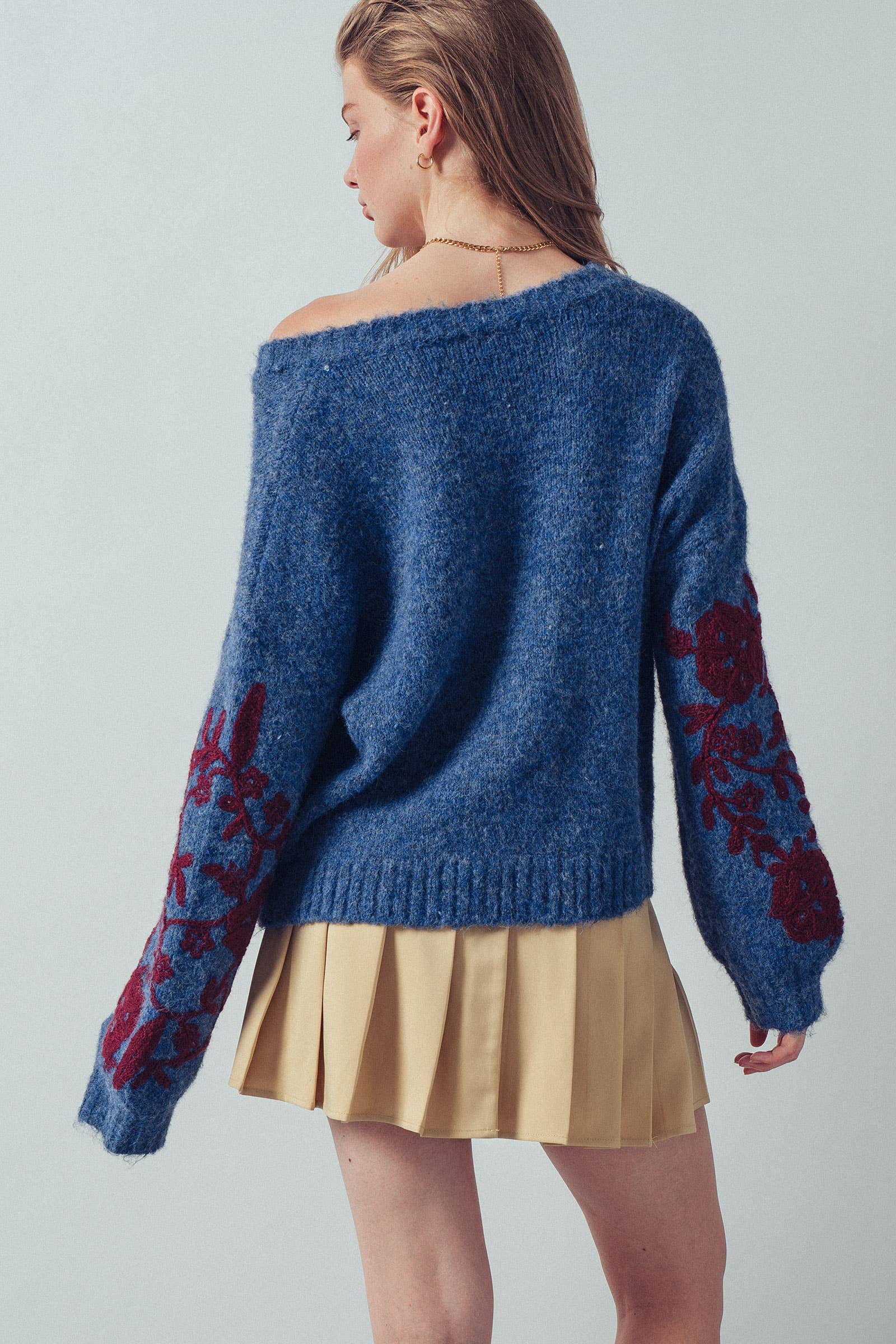 Romantic Floral Embroidered V-Neck Sweater