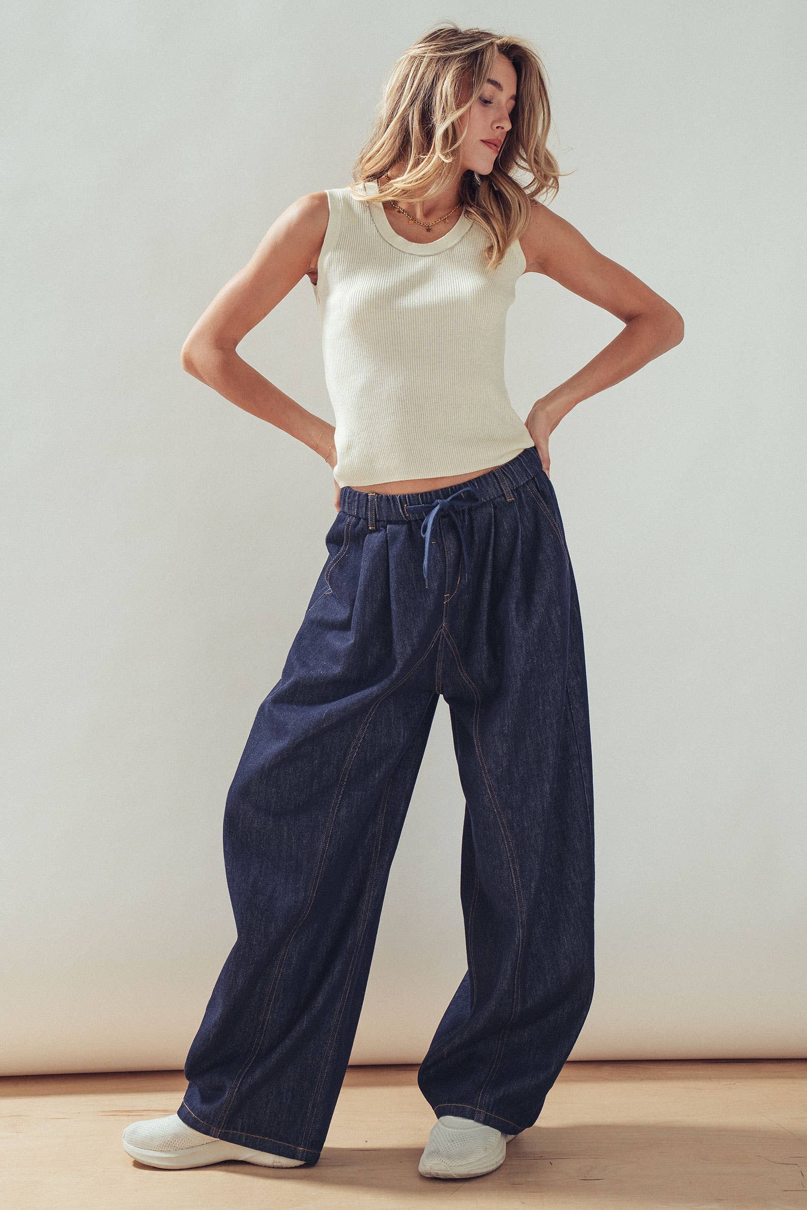 Drawstring Waist Dark Wash Barrel Leg Jeans