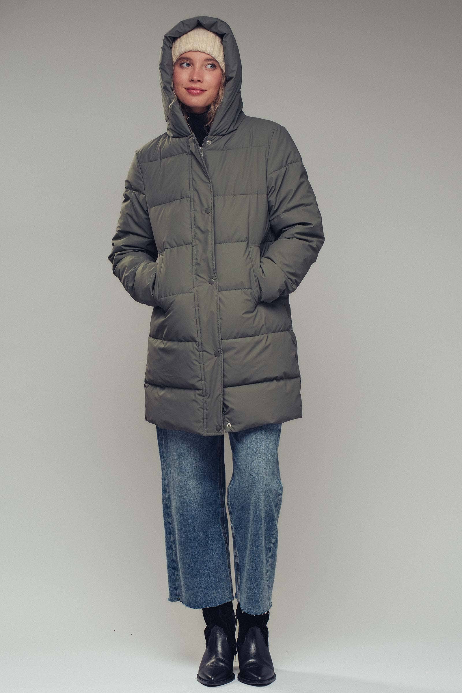Urban Daizy Hooded Longline Channel-Quilted Puffer Coat Black Puffer Jacket - Women's (UDZ-KN-00657) – alternate view 4