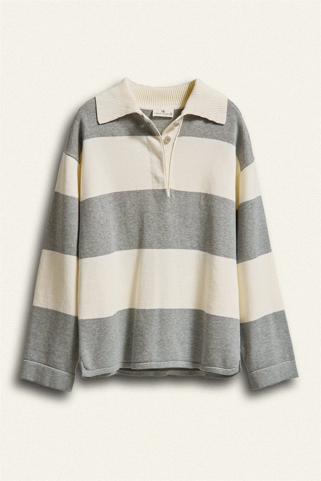 Striped Knit Rugby Polo Sweater in IVORY GREY - Women's Sweaters | Urban Daizy