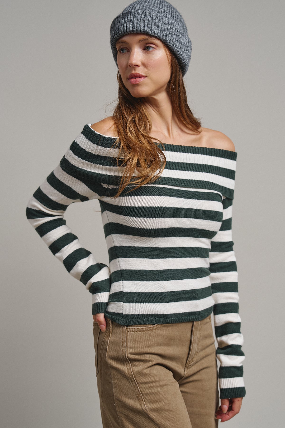 Bistro Stripe Off Shoulder Sweater