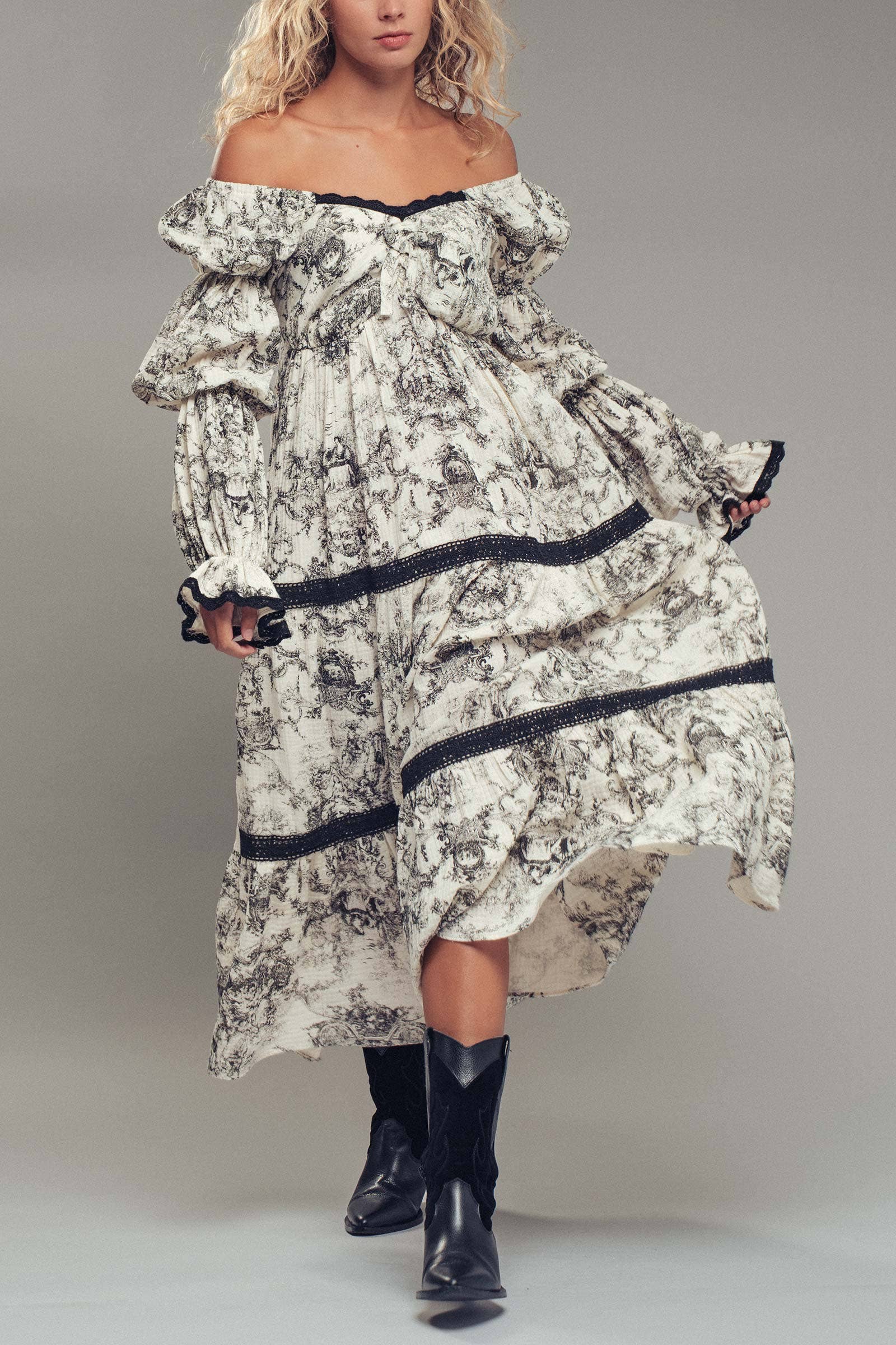 Urban Daizy Off-Shoulder Tiered Puff Sleeve Midi Dress Blue Dress - Women's (UDDR0211-Blue) – alternate view 7