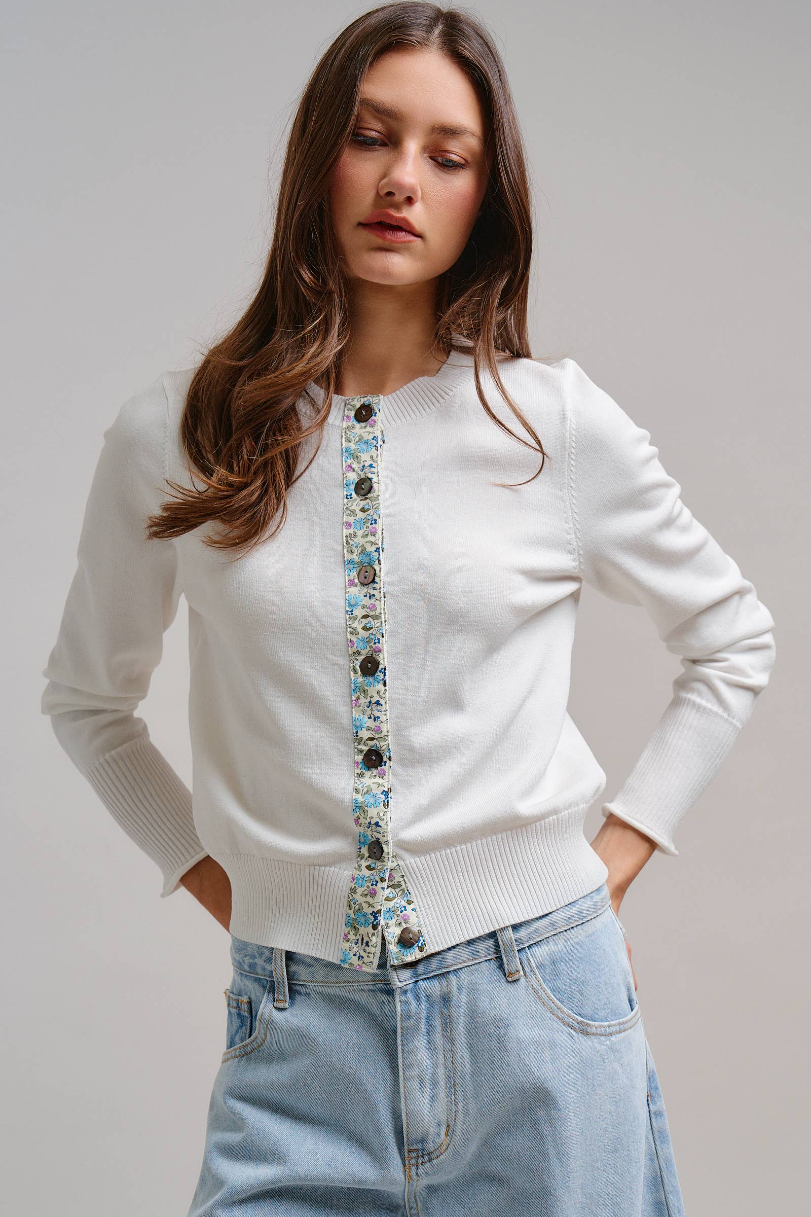 Contrast Floral Detail Knit Button Cardigan