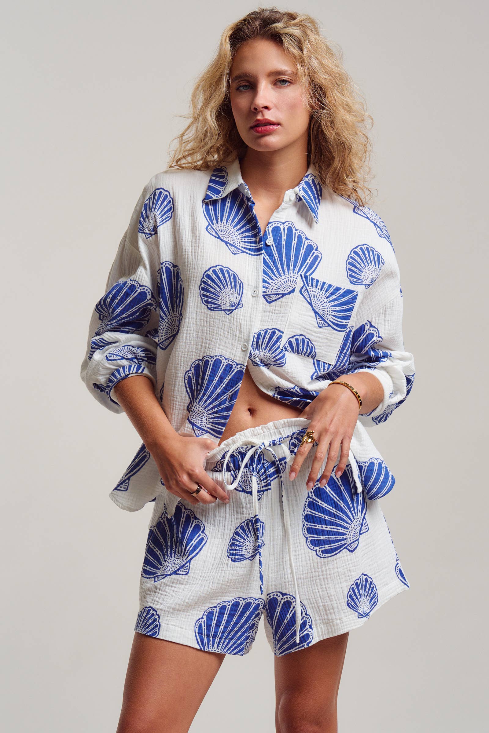 Seaside Blue Shell Cotton Gauze Shirt & Short Set