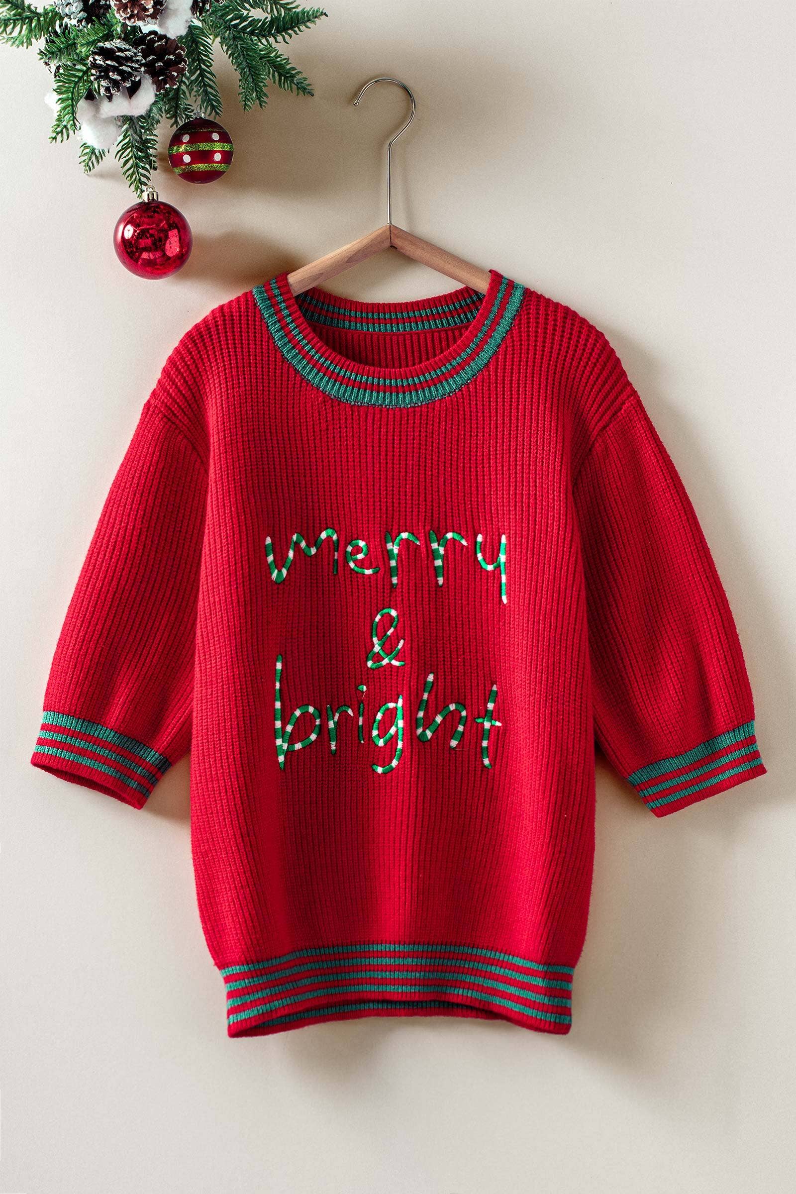 "Merry & Bright" Graphic Sweater with Striped Trim
