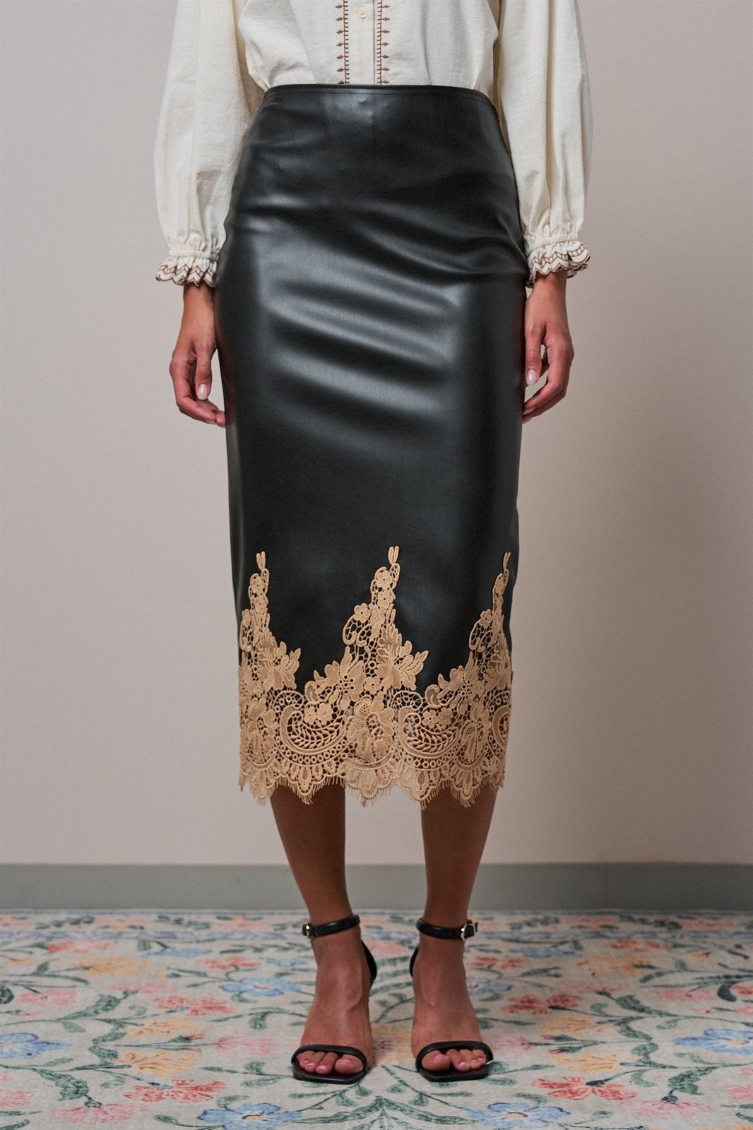 Faux Leather Lace Trim Midi Pencil Skirt in BLACK - Women's Midi Skirts | Urban Daizy