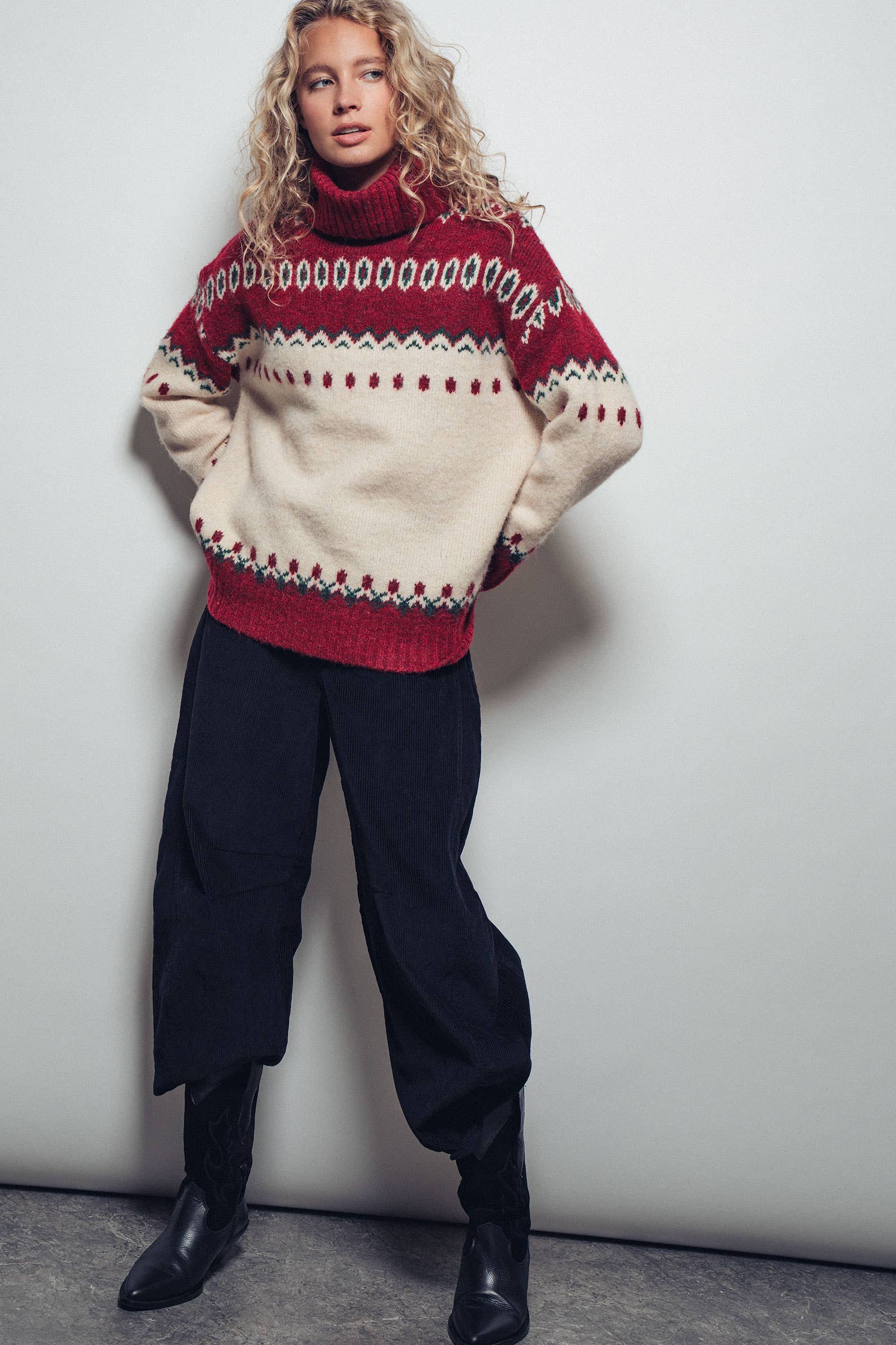 Relaxed Fit Fair Isle Turtleneck Sweater