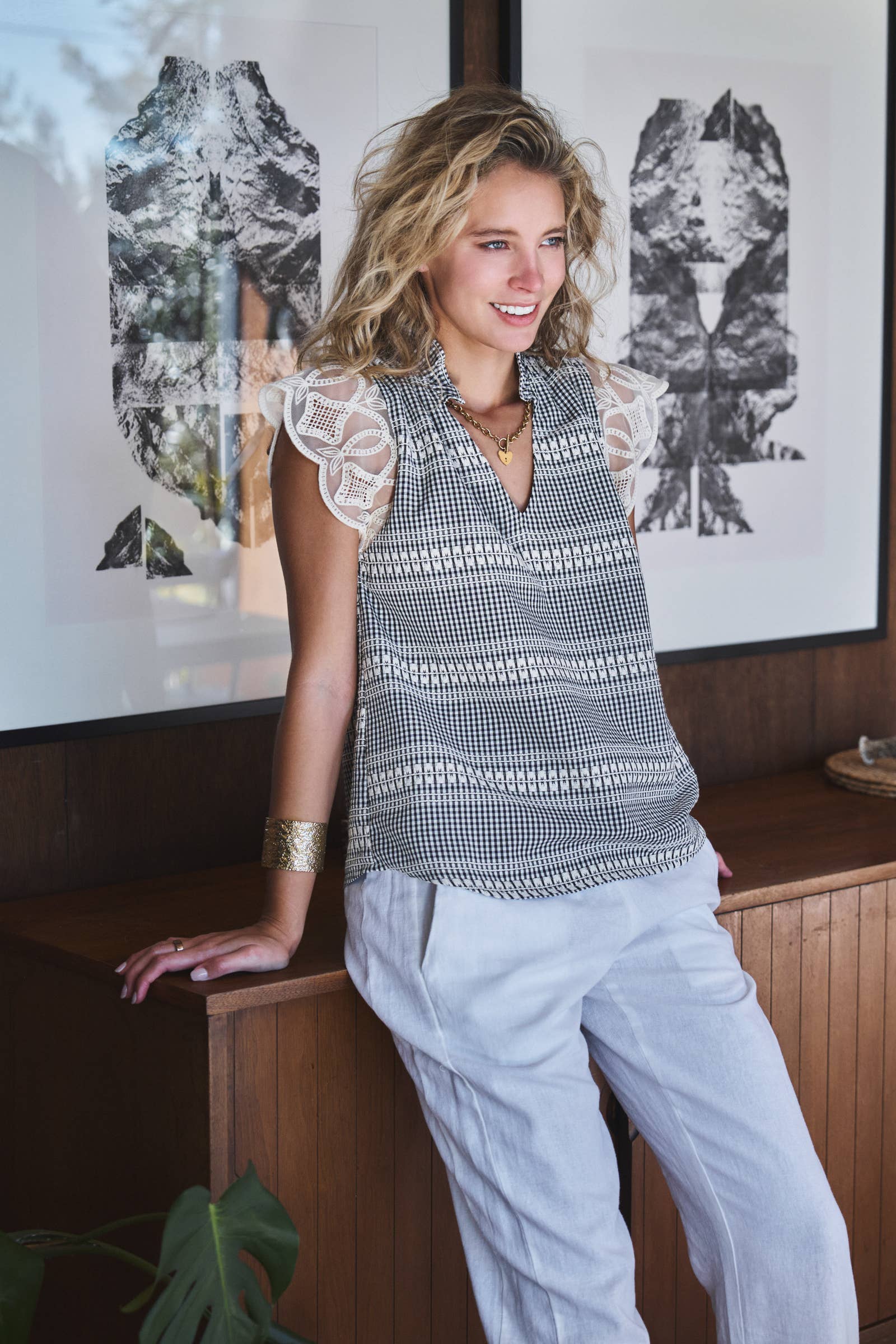 Gingham Lace Flutter Sleeve Cotton Top