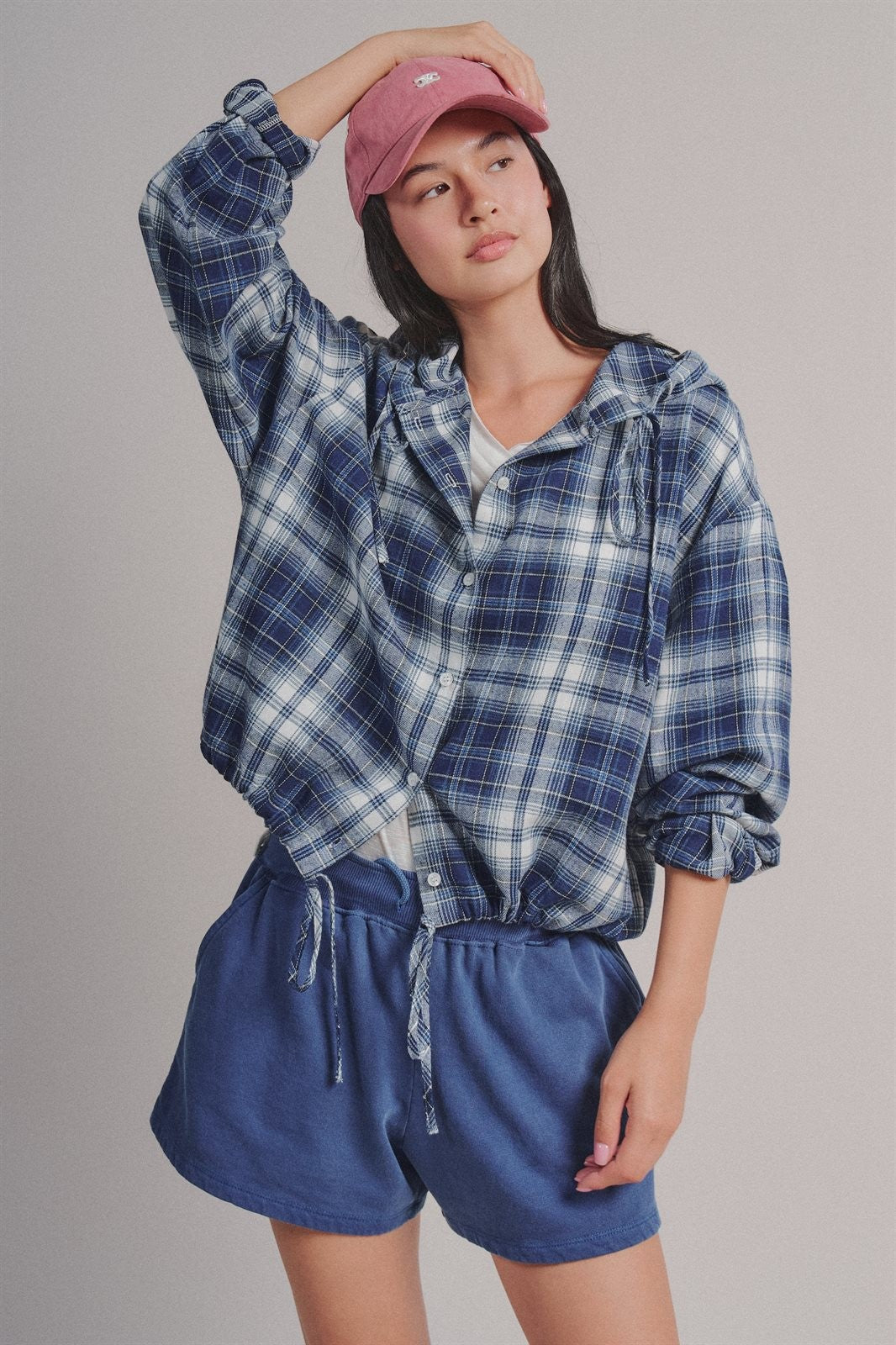 Plaid Flannel Hooded Shirt Jacket with Drawstring Hem in NAVY - Women's Shirts & Blouses | Urban Daizy