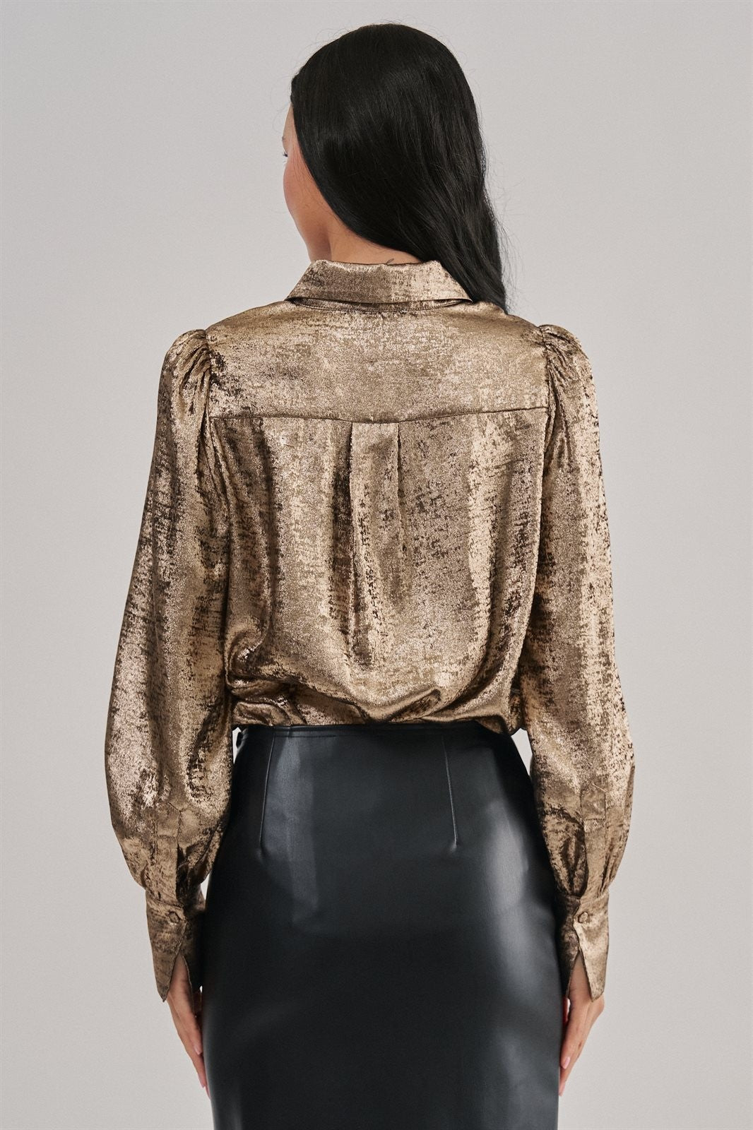 Metallic Shimmer Button Down Blouse with Puff Sleeves in GOLD - Women's Shirts & Blouses | Urban Daizy