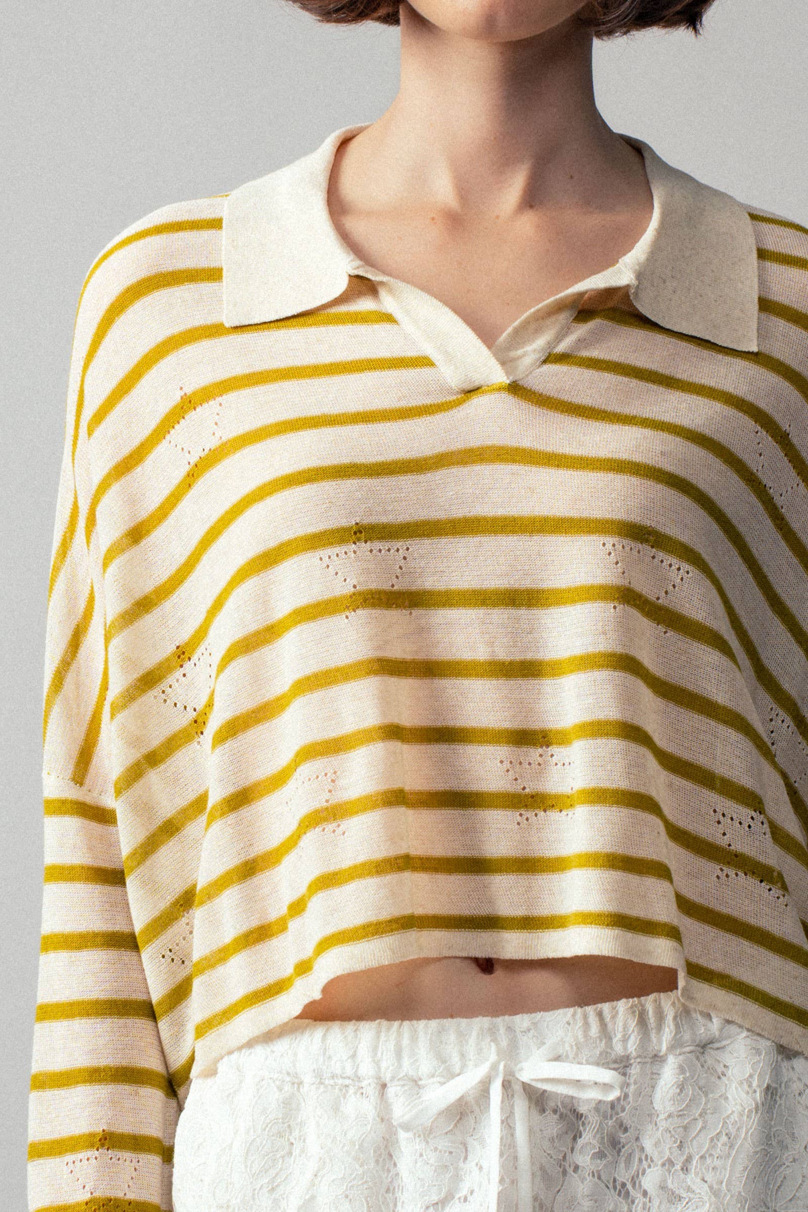 Urban Daizy Striped Eyelet Embroidered Cropped Polo Oatmeal Green Polo - Women's (UDZ-TP-00082)