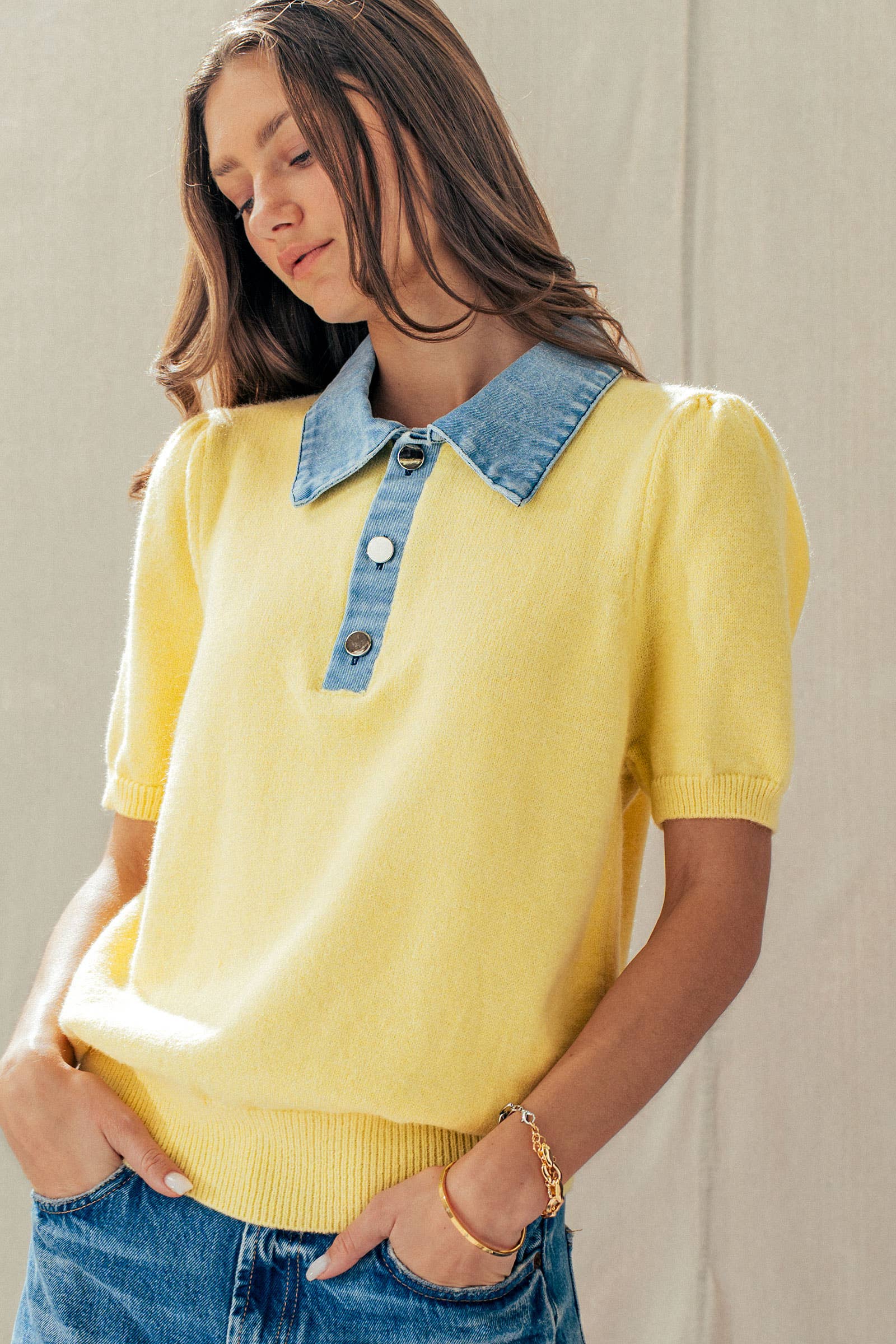 Contrast Denim Collar Knit Sweater Top