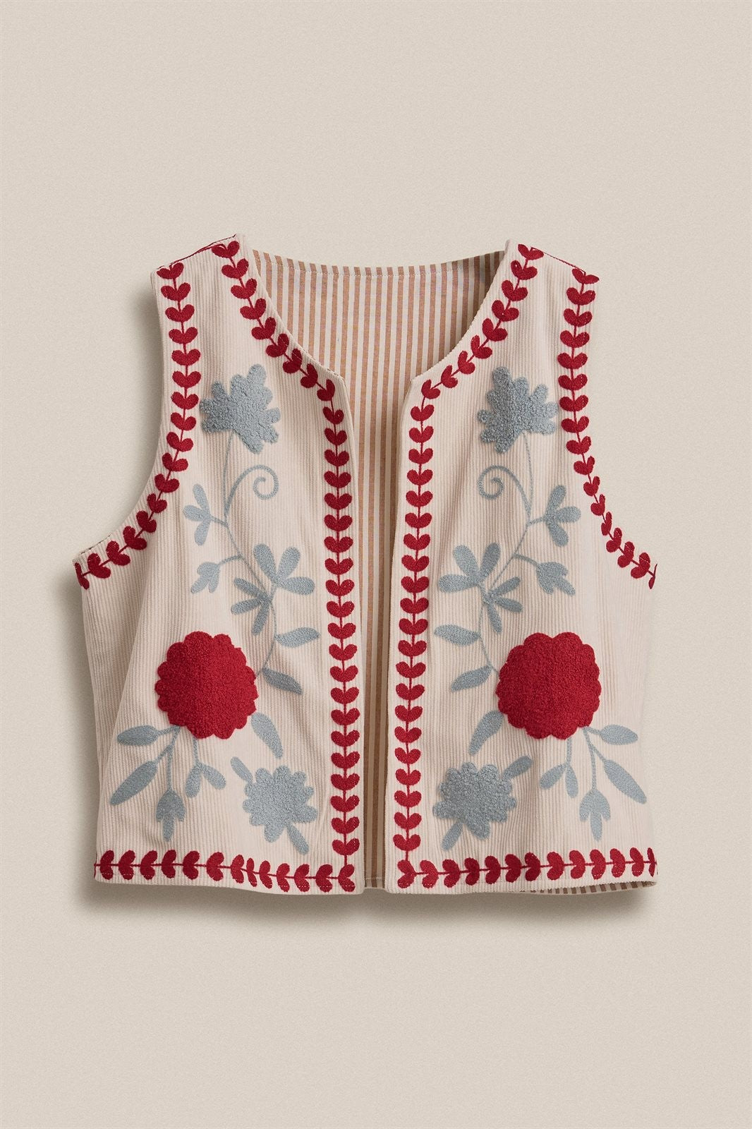 Floral Embroidered Corduroy Vest with Heart Vine Trim in IVORY - Women's Vests | Urban Daizy