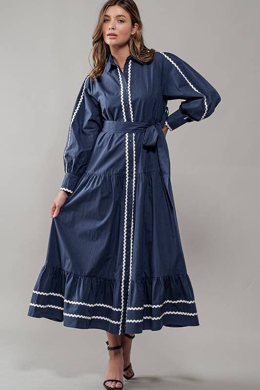 Urban Daizy Scalloped Tiered Cotton Button Down Belted Midi Dress Navy Dress - Women's (UDZ-DR-00311) – alternate view 9