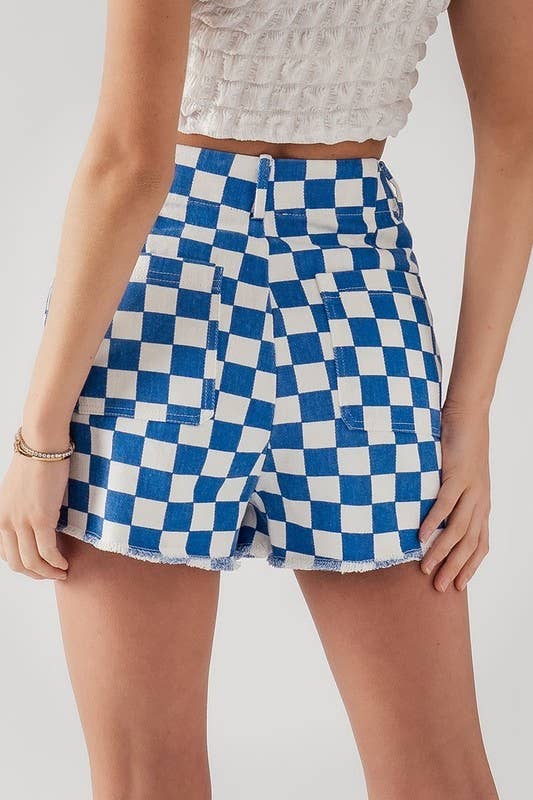 Retro Checkerboard Raw Hem Denim Shorts