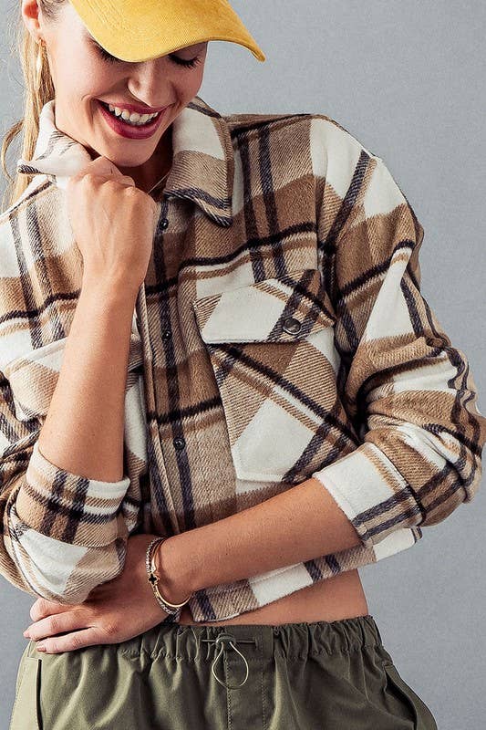 Urban Daizy BELLA SNAP BUTTON PLAID CROP JACKET Camel Jacket - Women's (UDZ-OT-00264) – alternate view 8