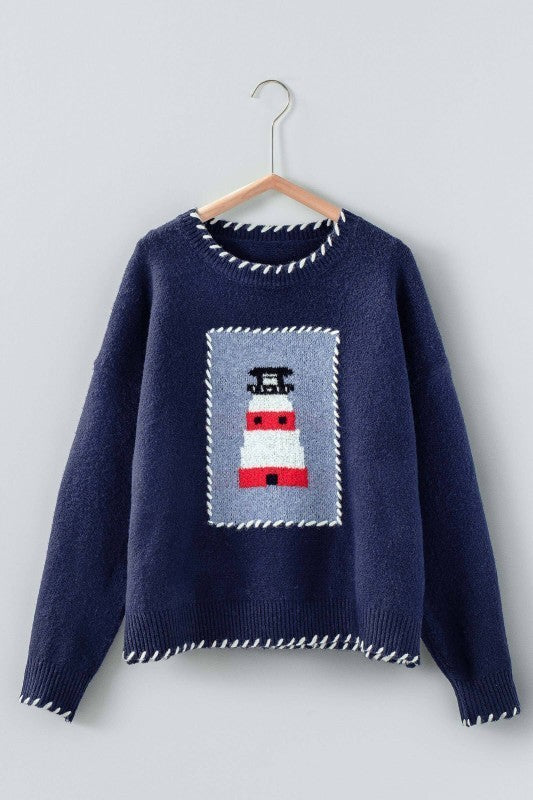 Lighthouse Knit Sweater in NAVY - Women's Sweaters | Urban Daizy