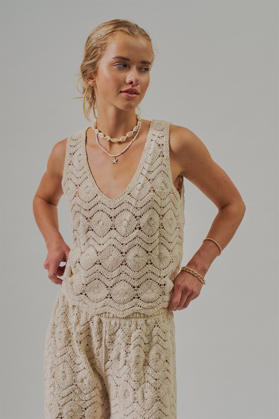 Natural Crochet Wavy V-Neck Tank