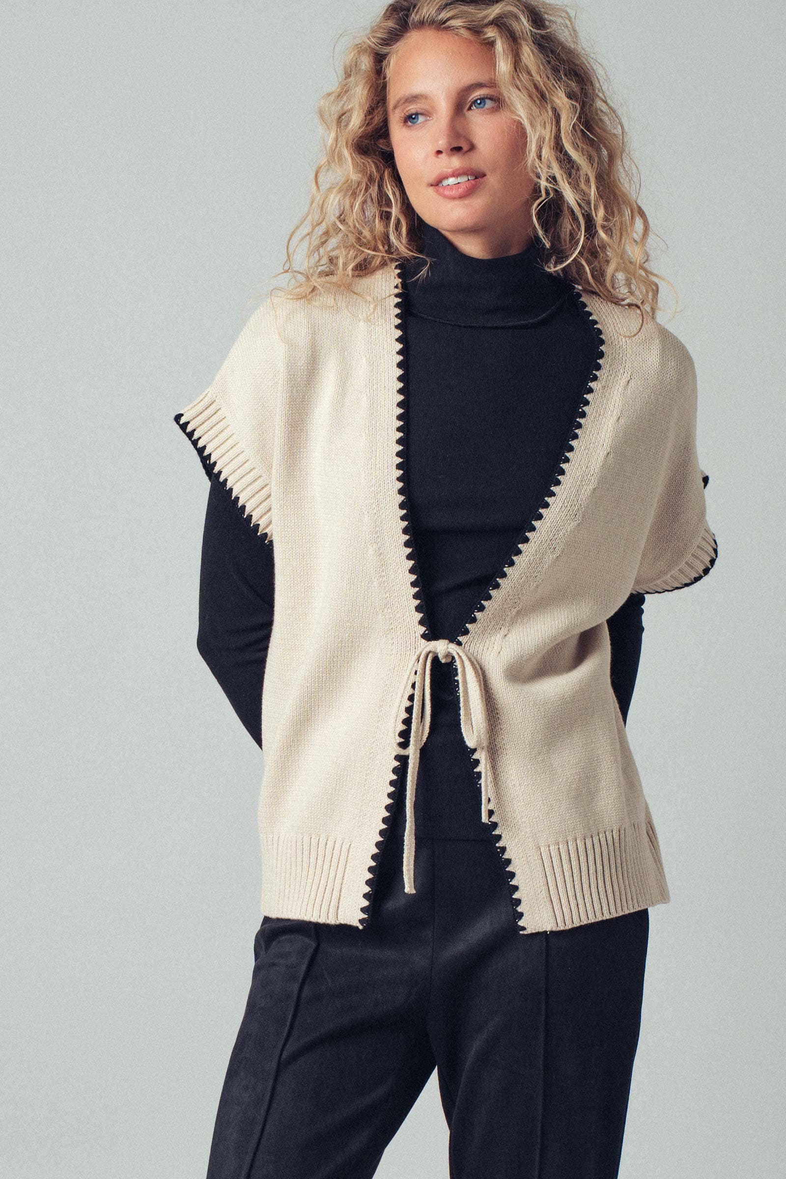 Crochet Trim Tie Front Knit Vest